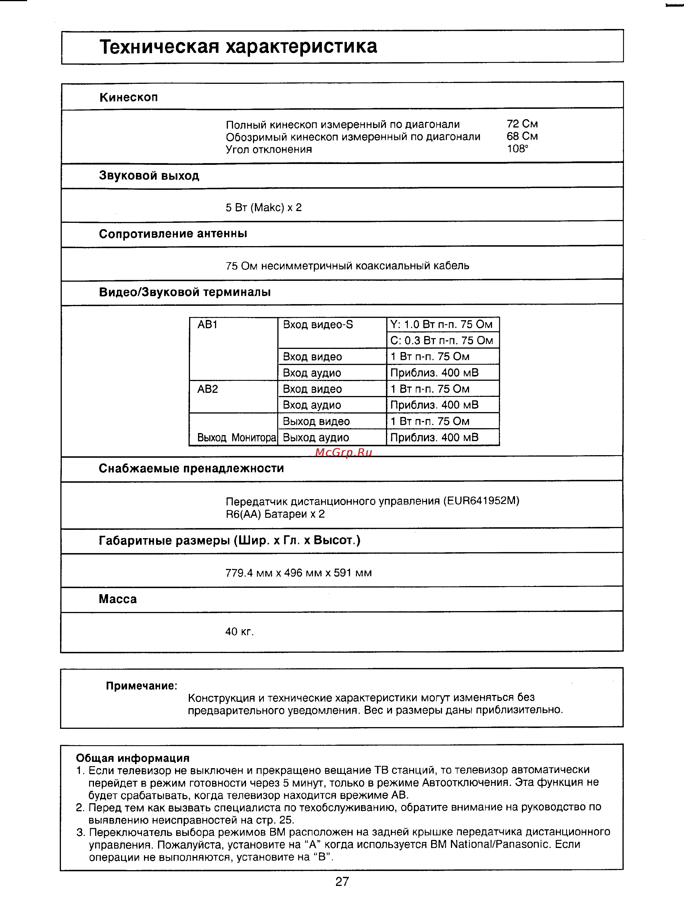 Panasonic TC-29V50R [25/26] Техническая характеристика