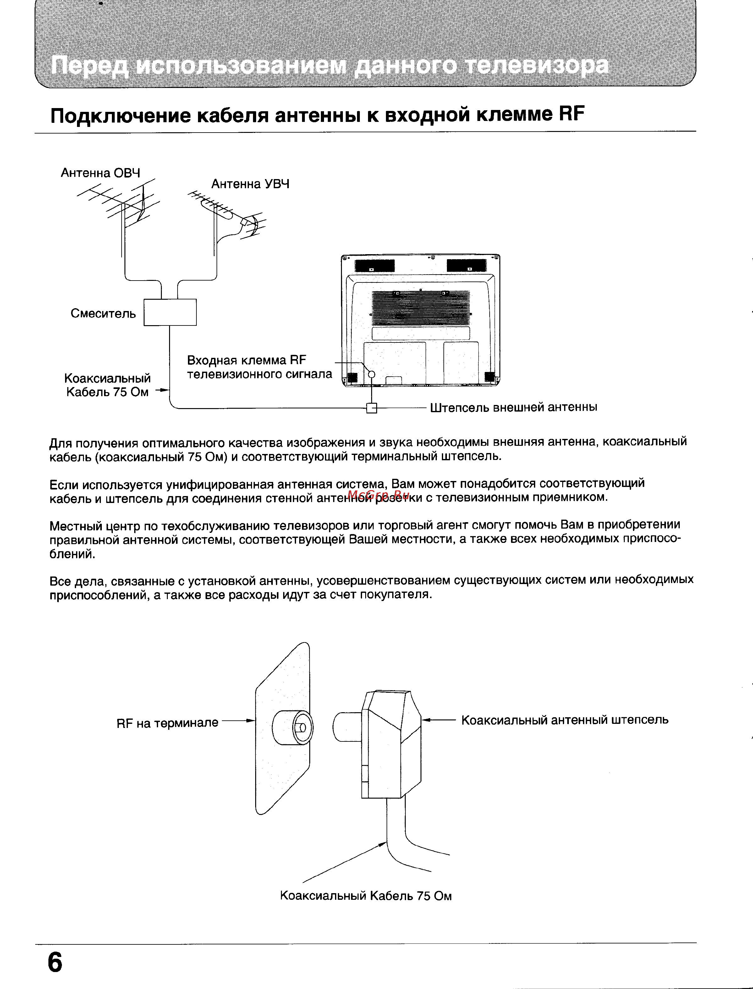 Panasonic TC-29GF10V [6/41] Подключение кабеля антенны к входной клемме пр