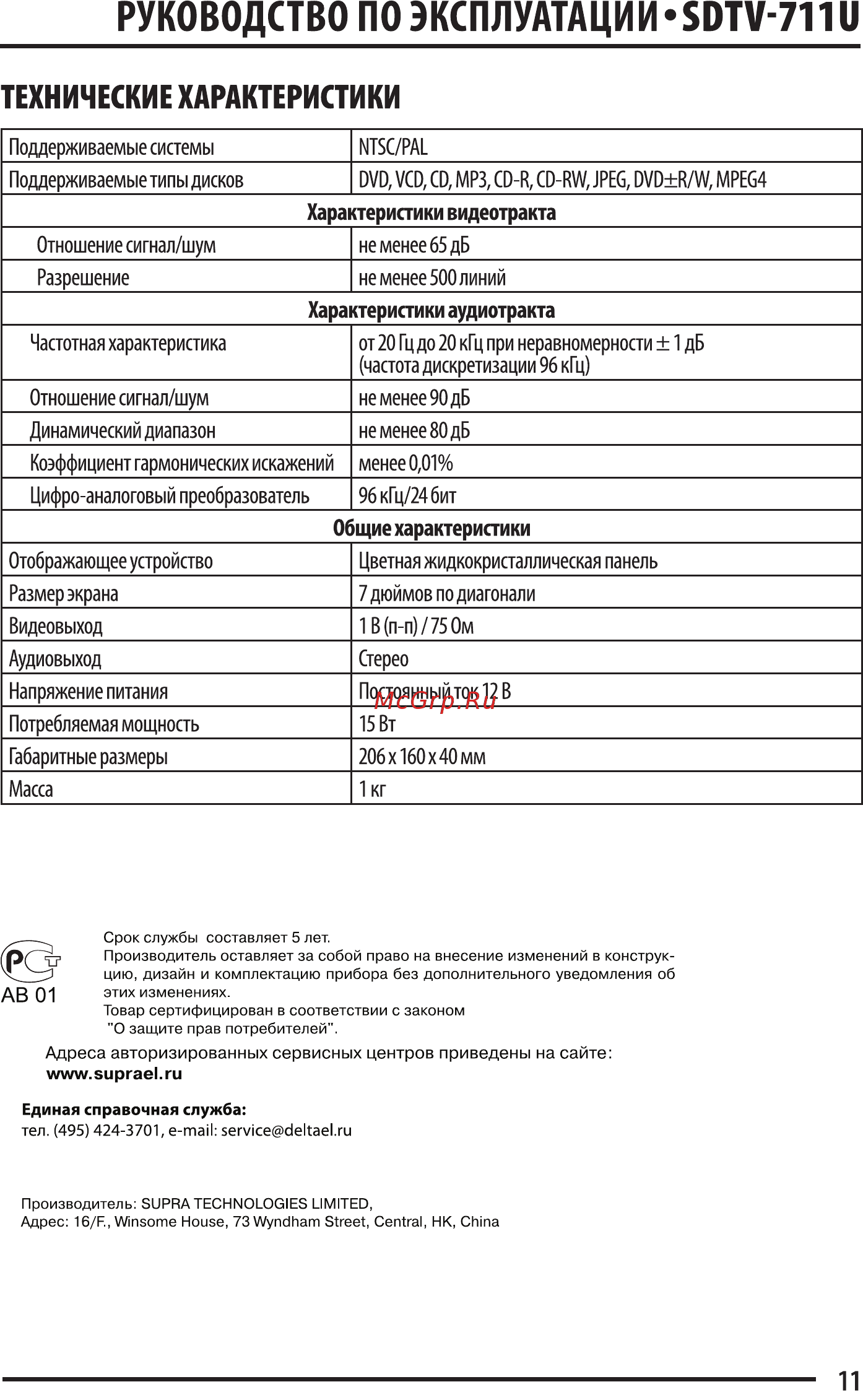 Supra SDTV-711U [11/13] Технические характеристики