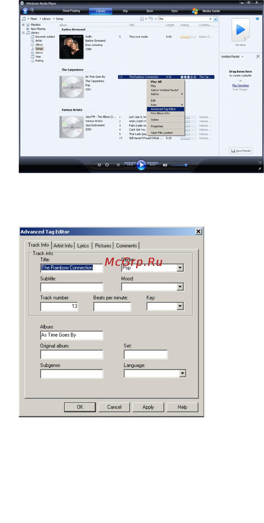 Philips SA6145 [42/67] Редактирование сведений о композиции в windows media player