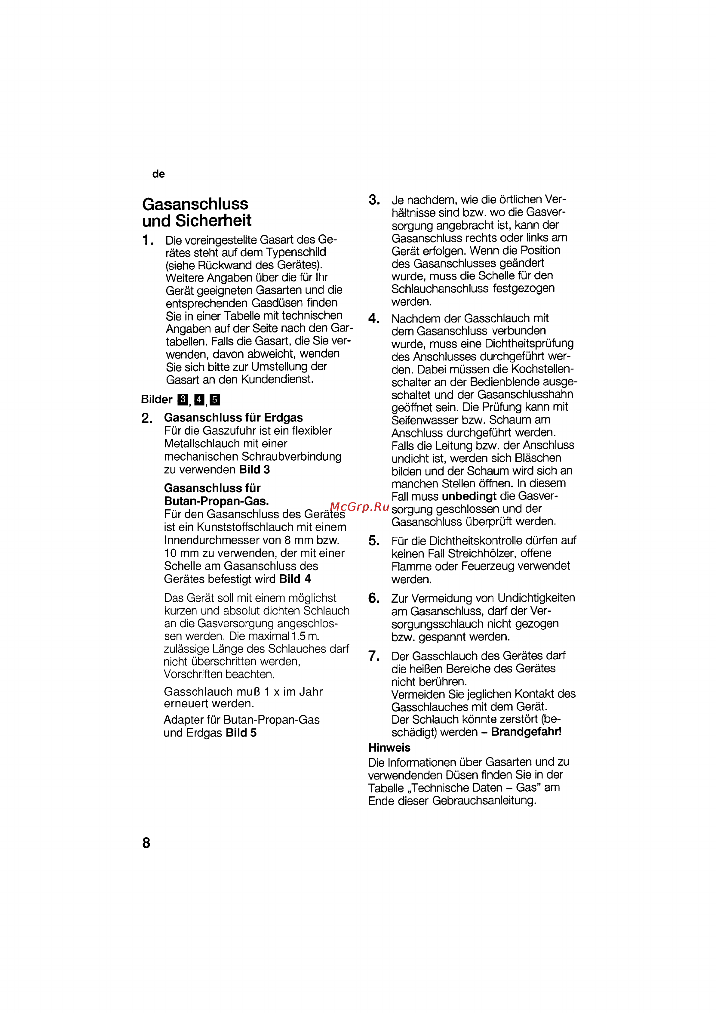 Bosch HSG 142 E EU [8/124] Gasanschluss und sicherheit