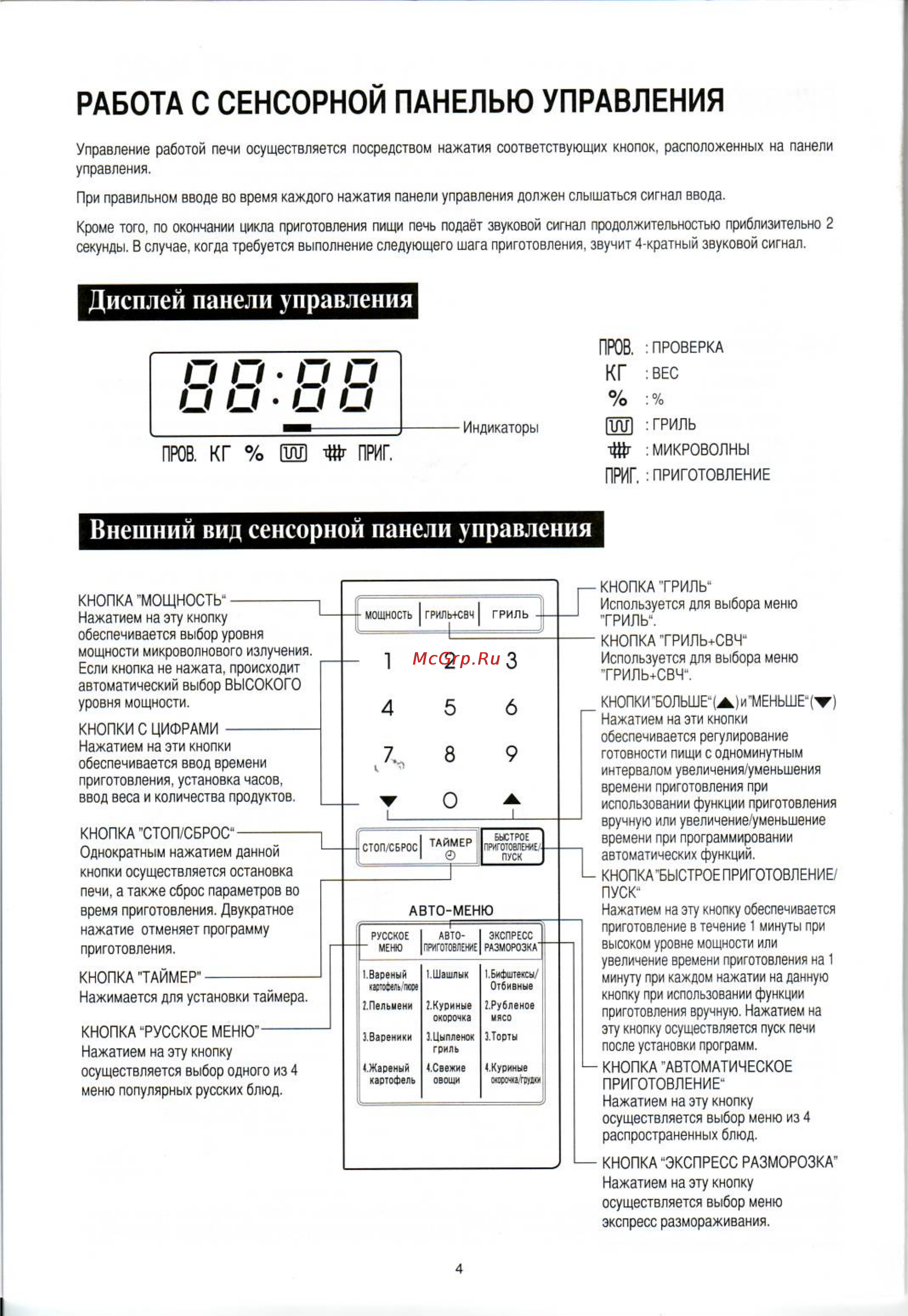 Sharp R-6571 LSL [6/20] Работа с сенсорной панелью управления