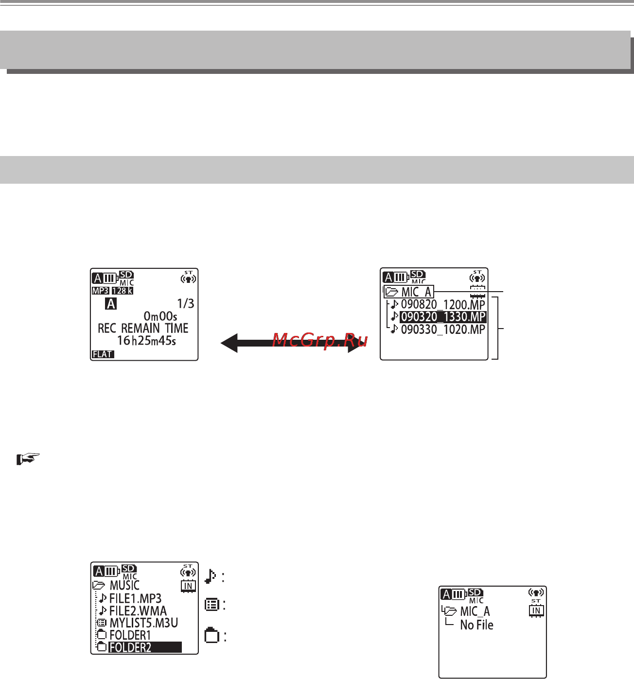 Sanyo ICR-EH 800 PCM, 2Gb + SD [15/134] Значки отображаемые на экране списка
