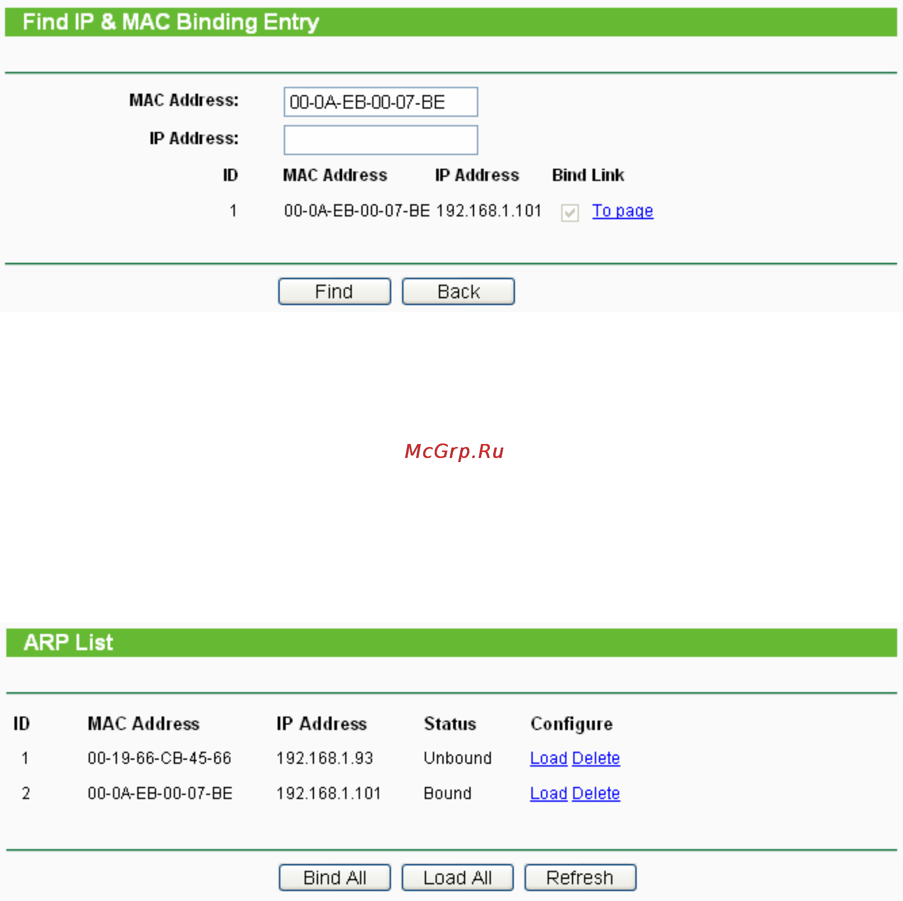 Tp-Link TL-WA5110G [63/109] Arp list
