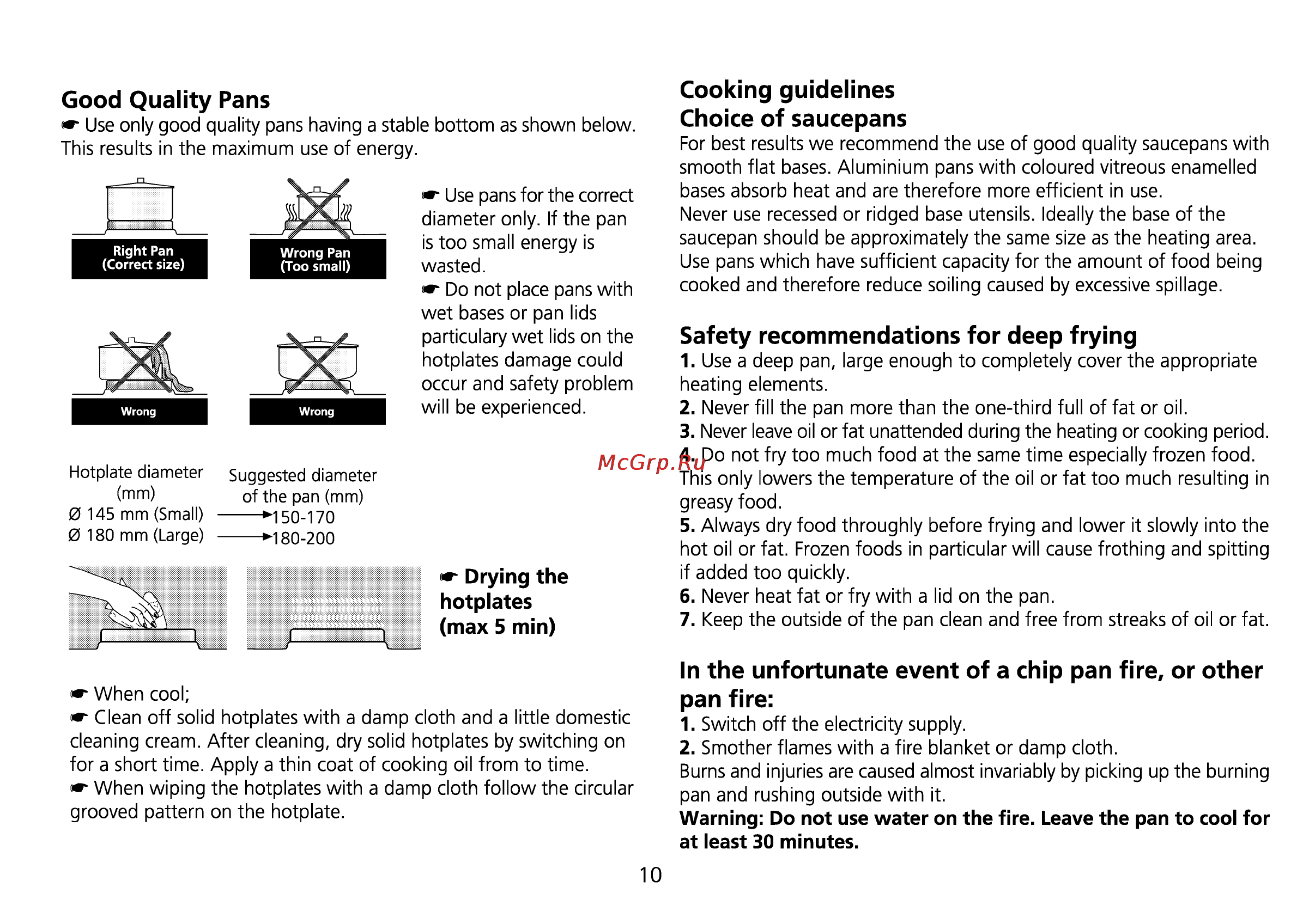 Beko CE 56100 [44/72] Warning do not use water on the fire leave the pan to cool for at least 30 minutes