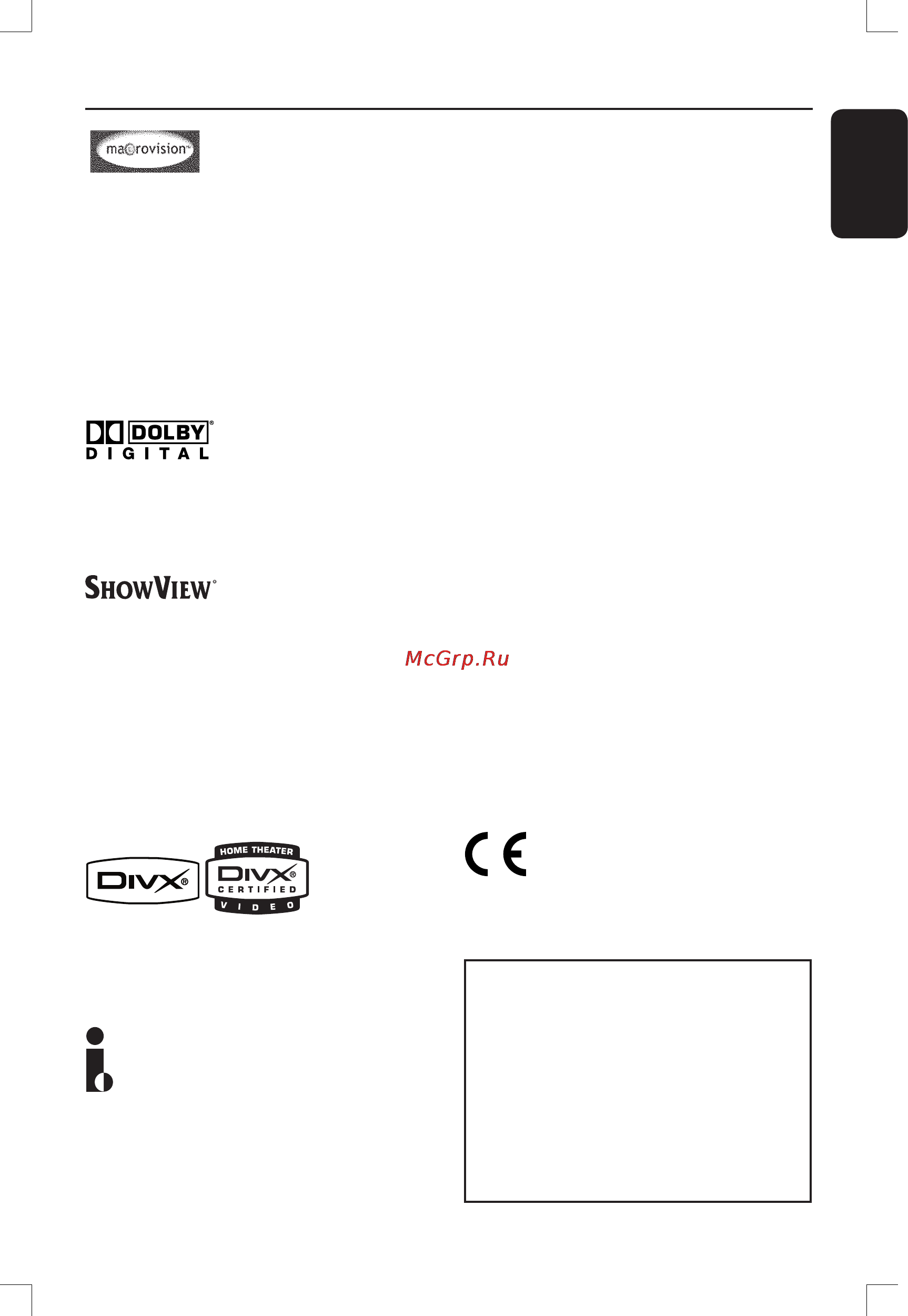 Philips DVDR3380 [5/66] This product complies with the radio interference requirements of the european community this product complies with the requirements of the following directives and guidelines 73 23 eec 89 336 eec 93 68 eec