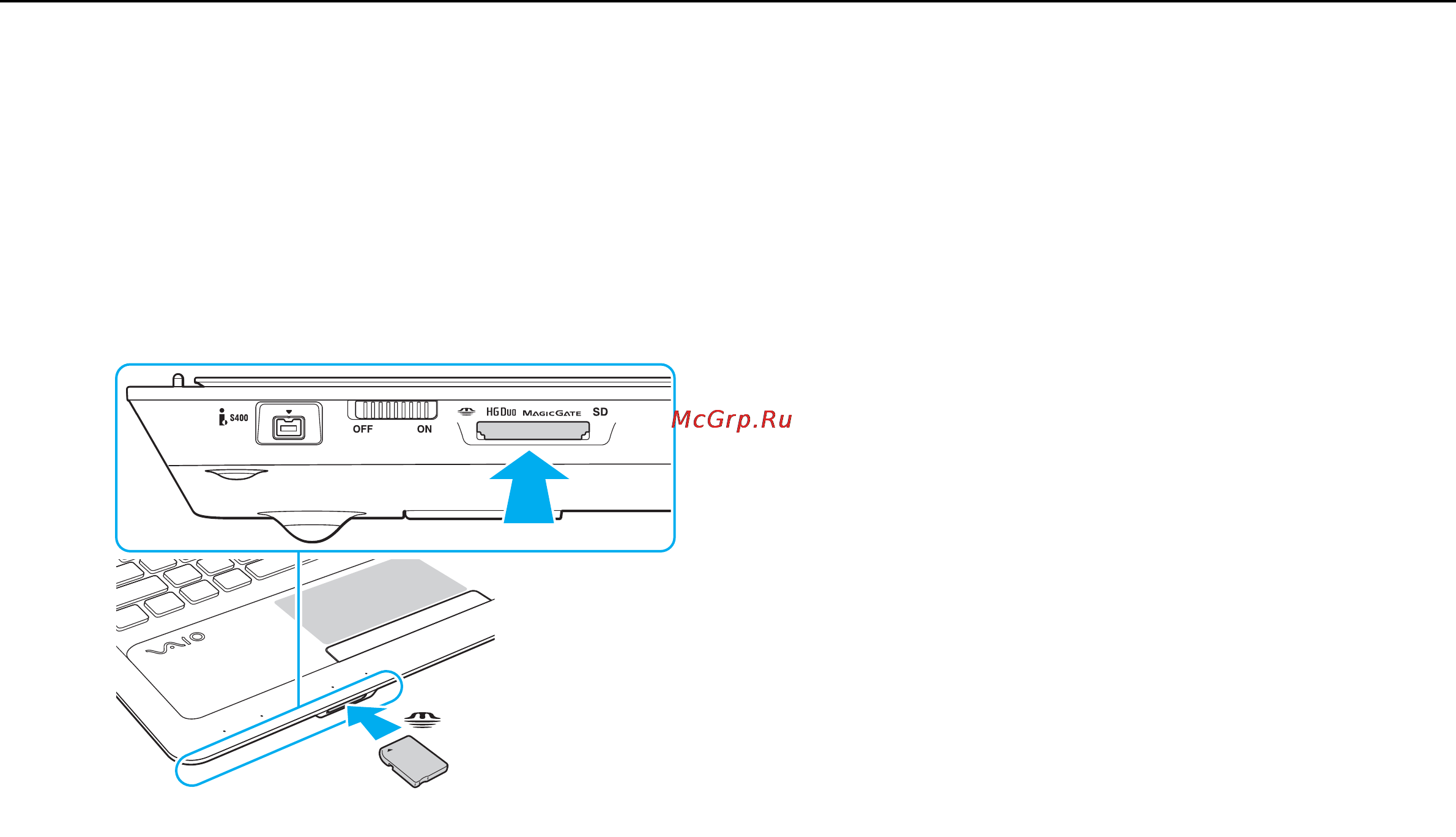 Sony VPC-F23X1R/BI Black [55/176] Осторожно вставьте карту памяти memory stick в гнездо до защелкивания в фиксаторах не прилагайте усилий вставляя носитель в гнездо