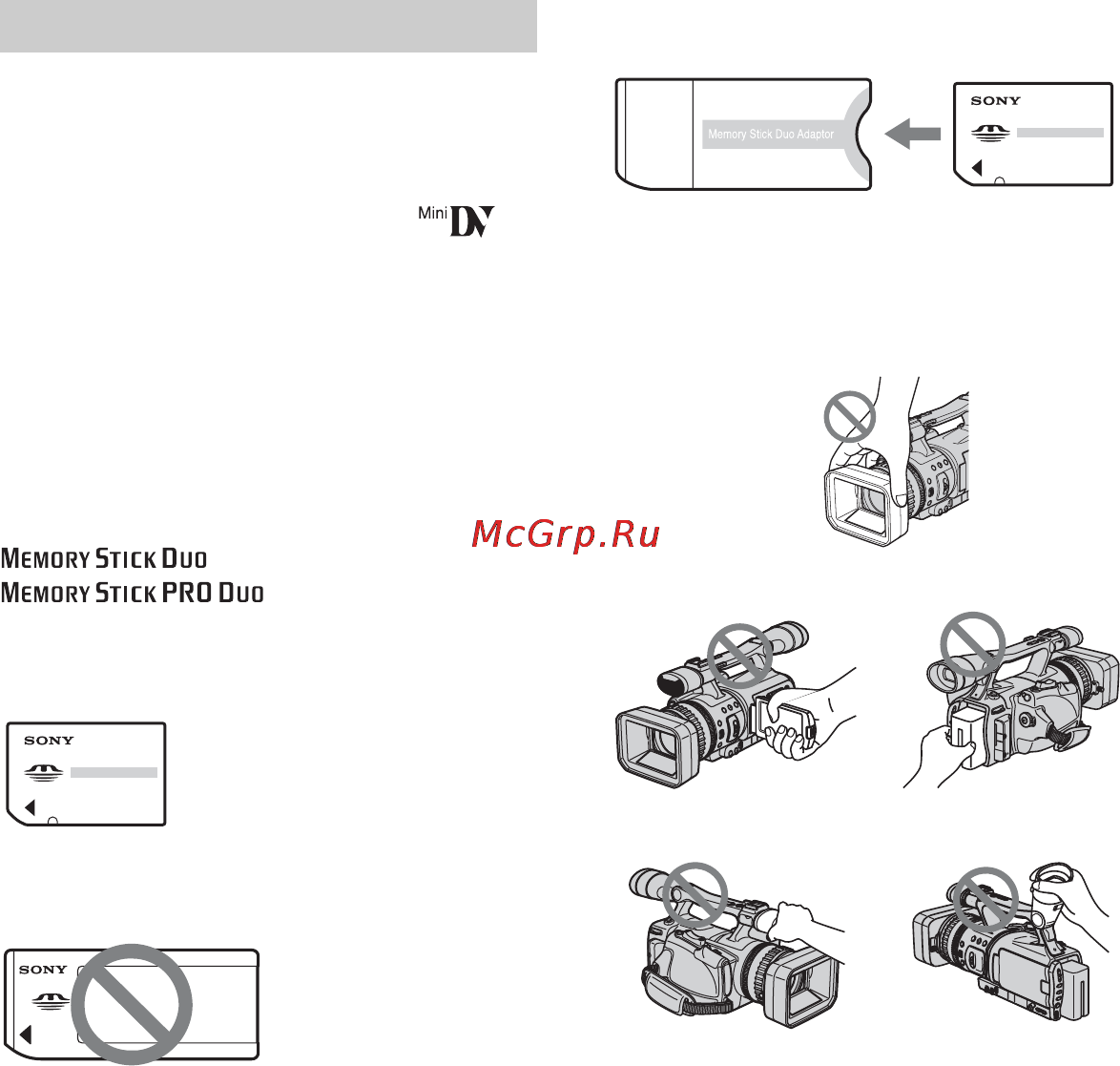 Sony HDR-FX7E [3/139] Типы карт memory stick которые можно использовать в видеокамере