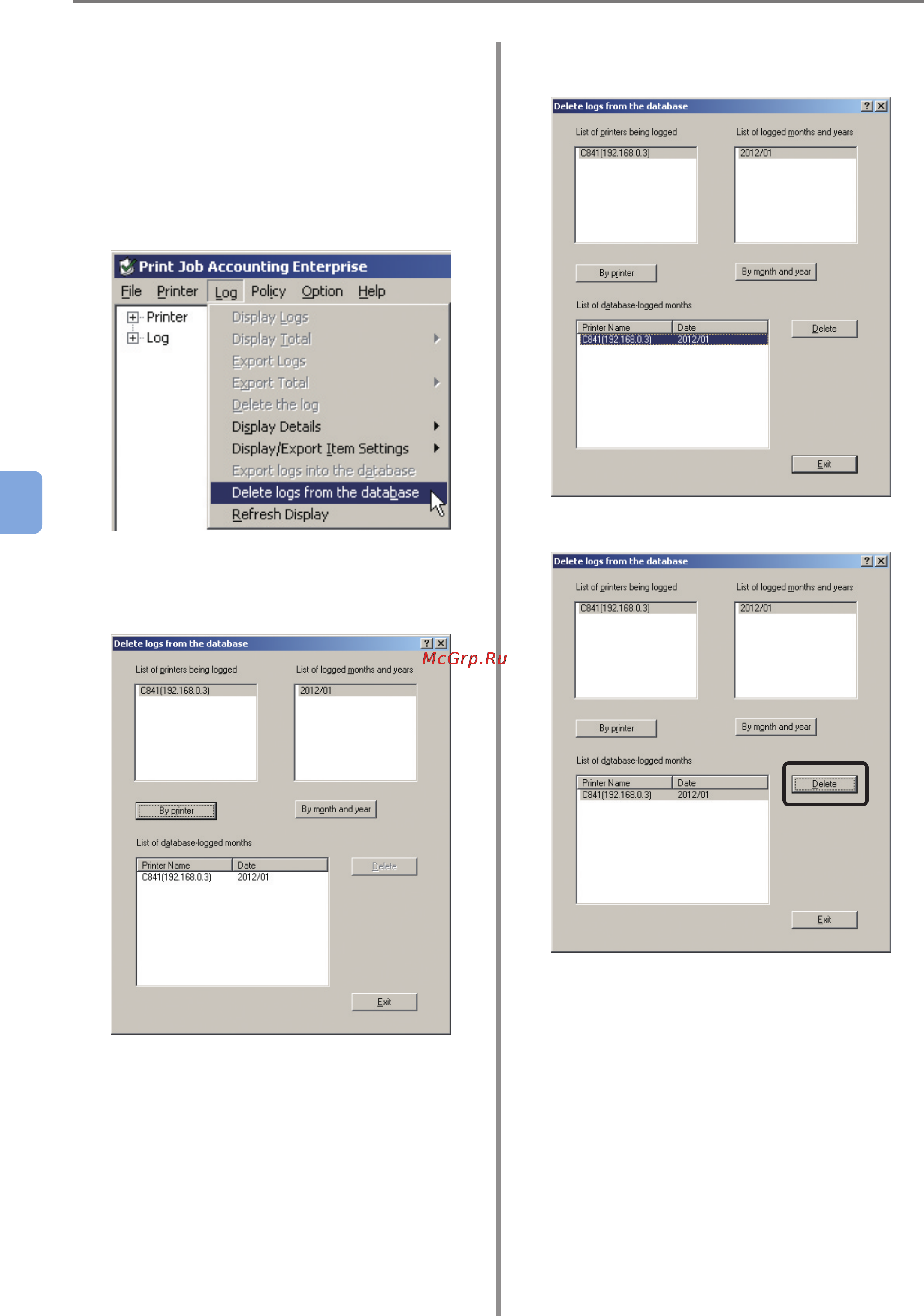 OKI C9800GA MFP [150/239] Deleting logs from the database