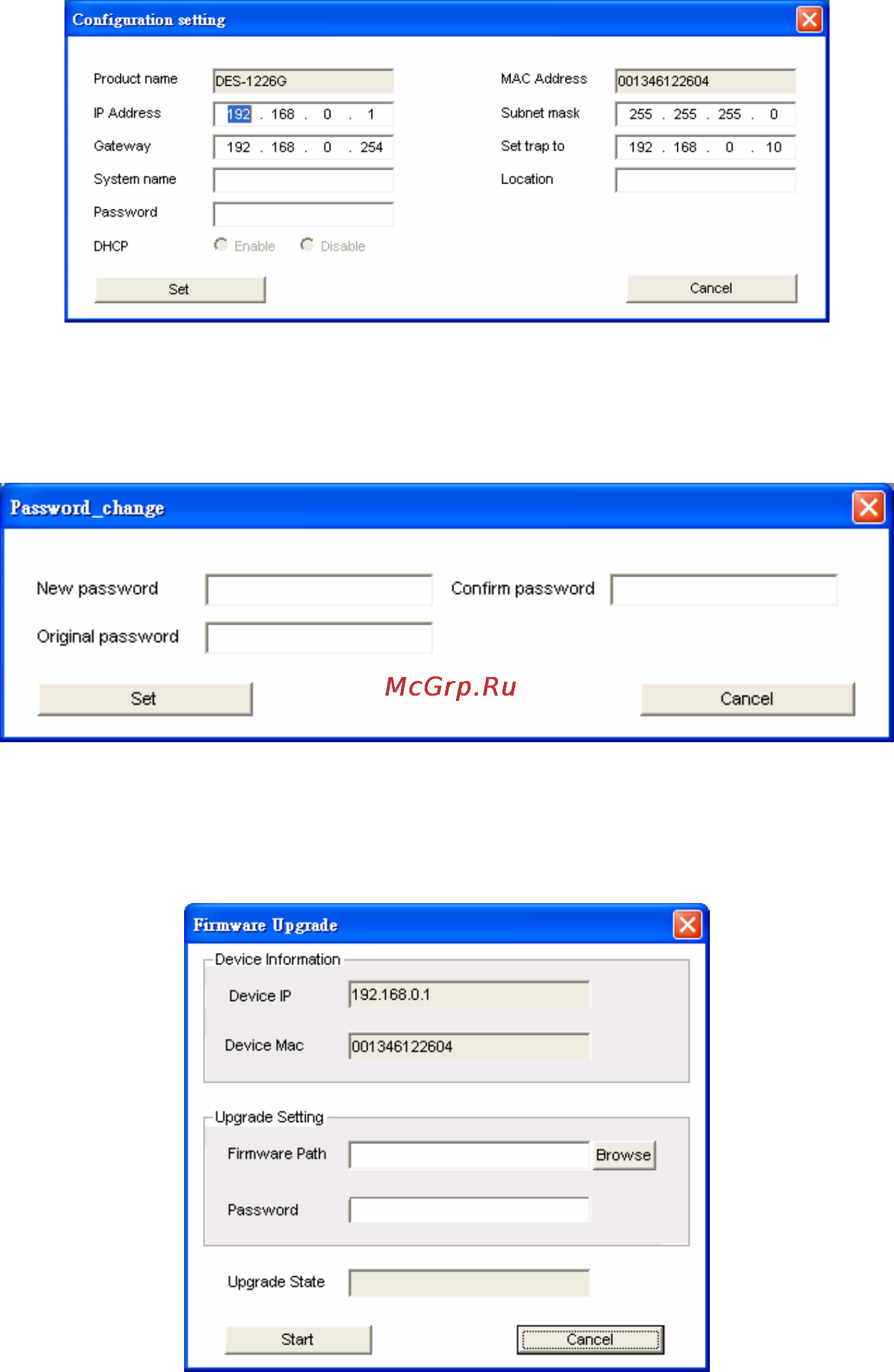 D-Link DES–1228 [10/28] Configuration setting in configuration setting you can set the ip address subnet mask gateway set trap to trap ip address system name and location