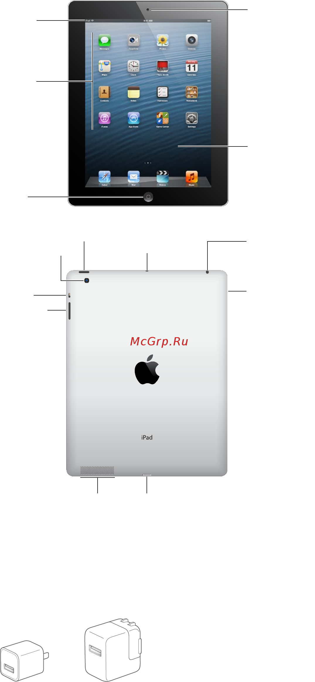 Apple iPad 4 Retina 128Gb Wi-Fi Black (ME392) [8/154] Адаптер питания usb используйте прилагаемый адаптер питания для подачи питания на ipad и для зарядки аккумулятора