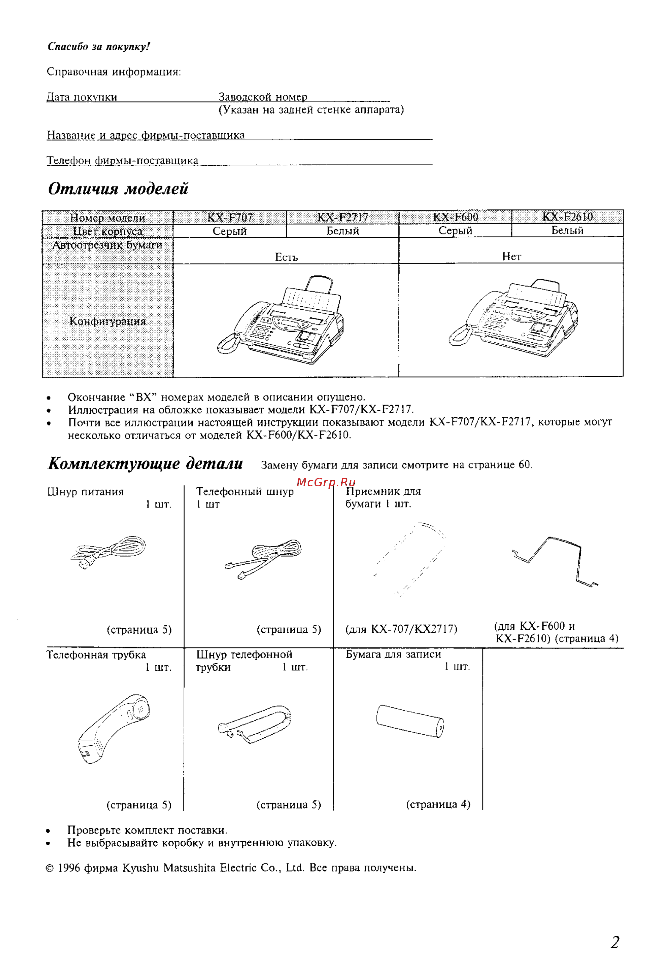 Panasonic KX-F707BX [2/64] Комплектующие детал