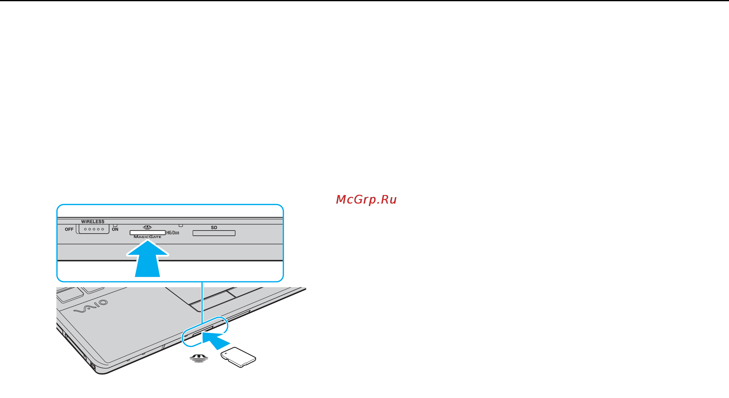 Sony VPC-F13E8R/H [50/170] Осторожно вставьте карту памяти memory stick в гнездо до защелкивания в фиксаторах не прилагайте усилий вставляя носитель в гнездо