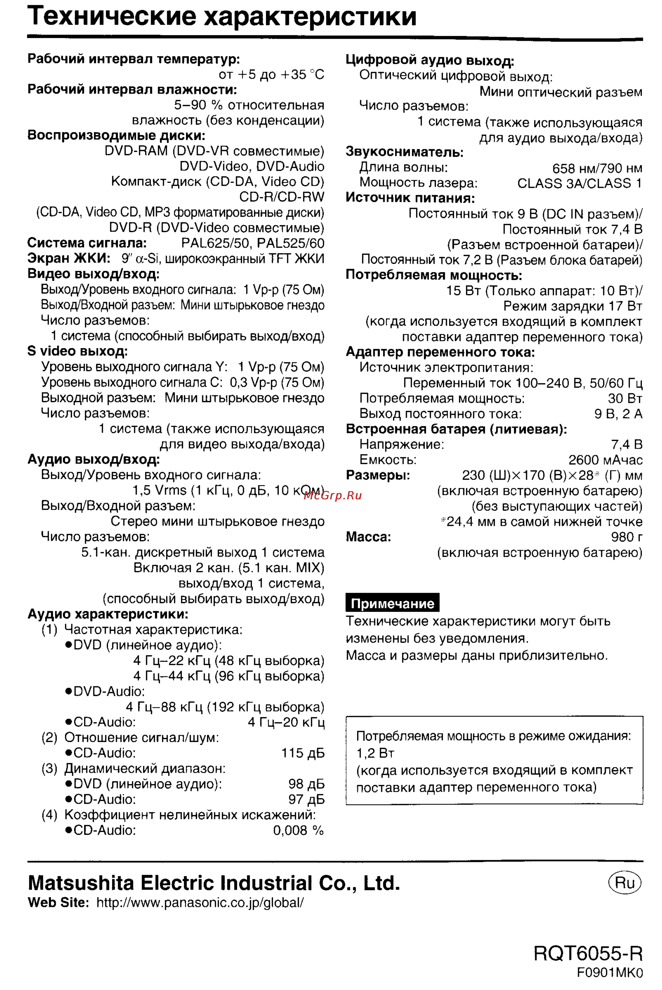 Panasonic DVD-LA95 [50/50] Технические характеристики