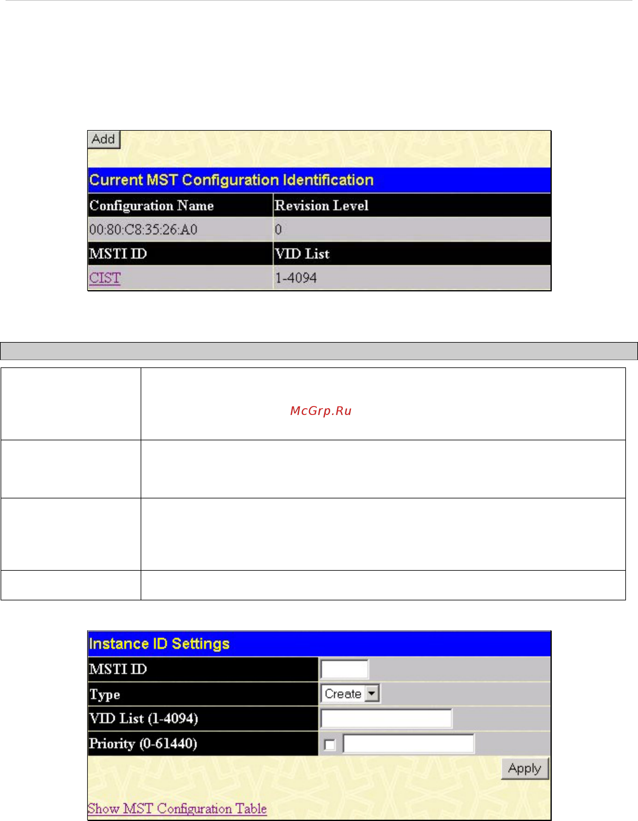 D-Link DES-3528DC [61/260] Mst configuration table