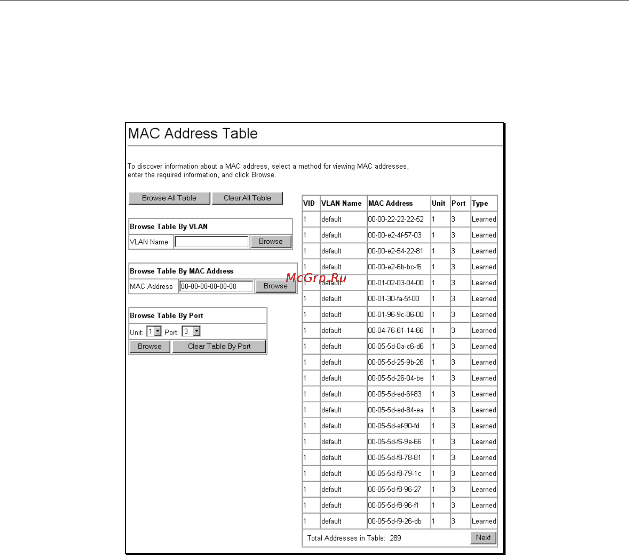 D-Link DES-3226S [123/242] Mac address table