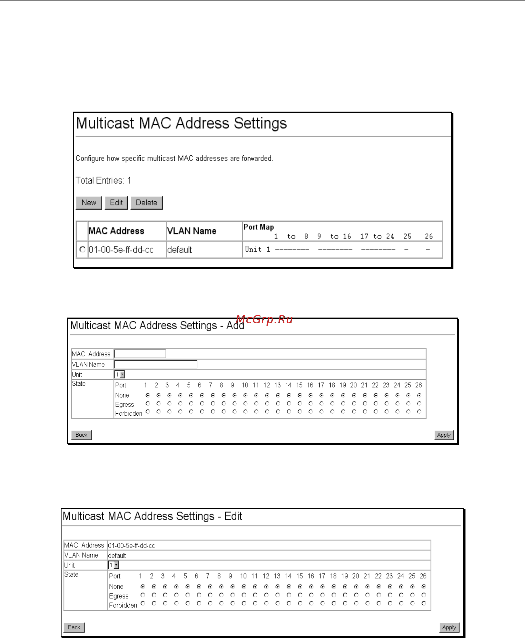 D-Link DES-3326SR [67/240] Multicast mac address forwarding