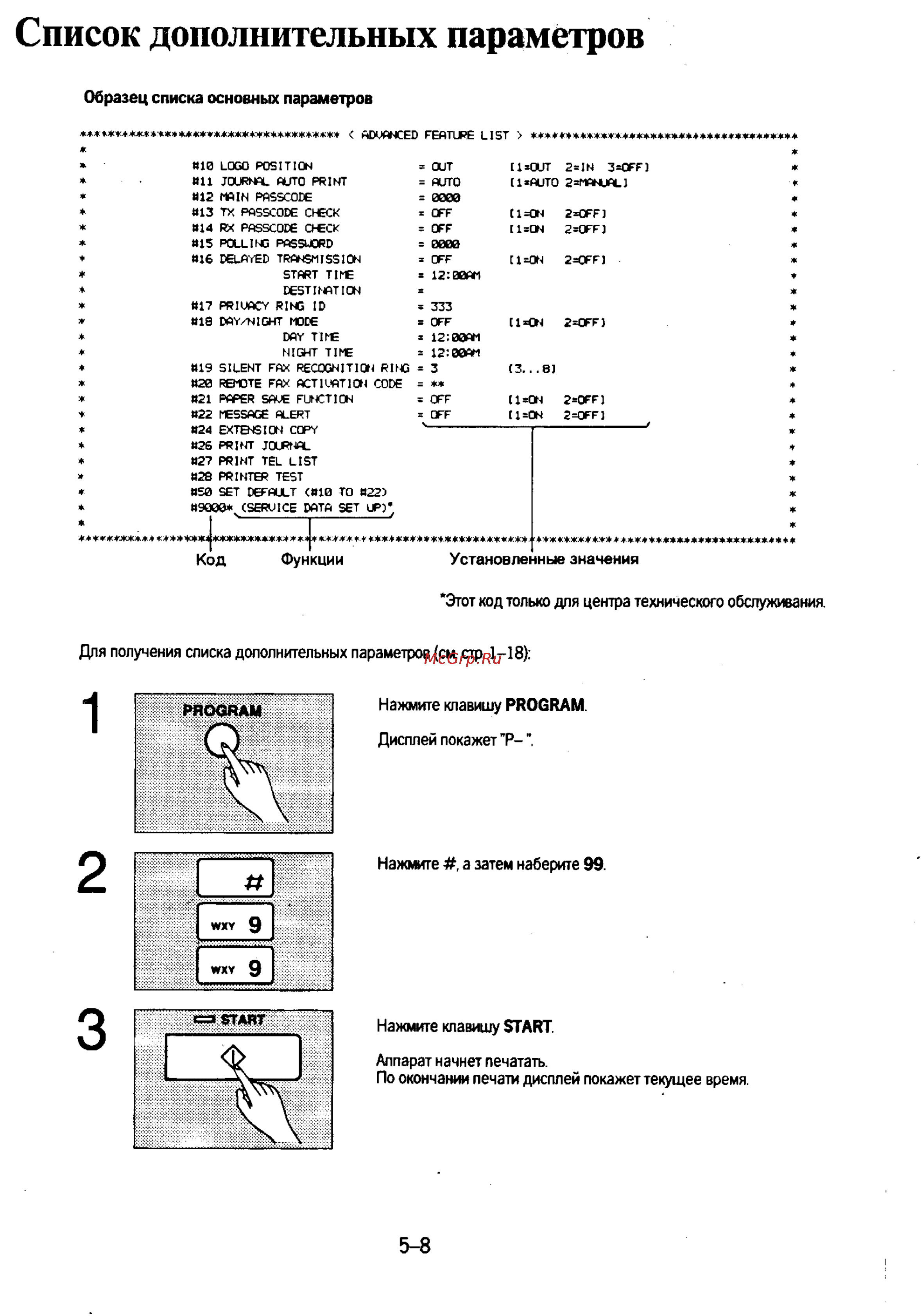 Panasonic KX-F130 [108/125] Список дополнительных параметров