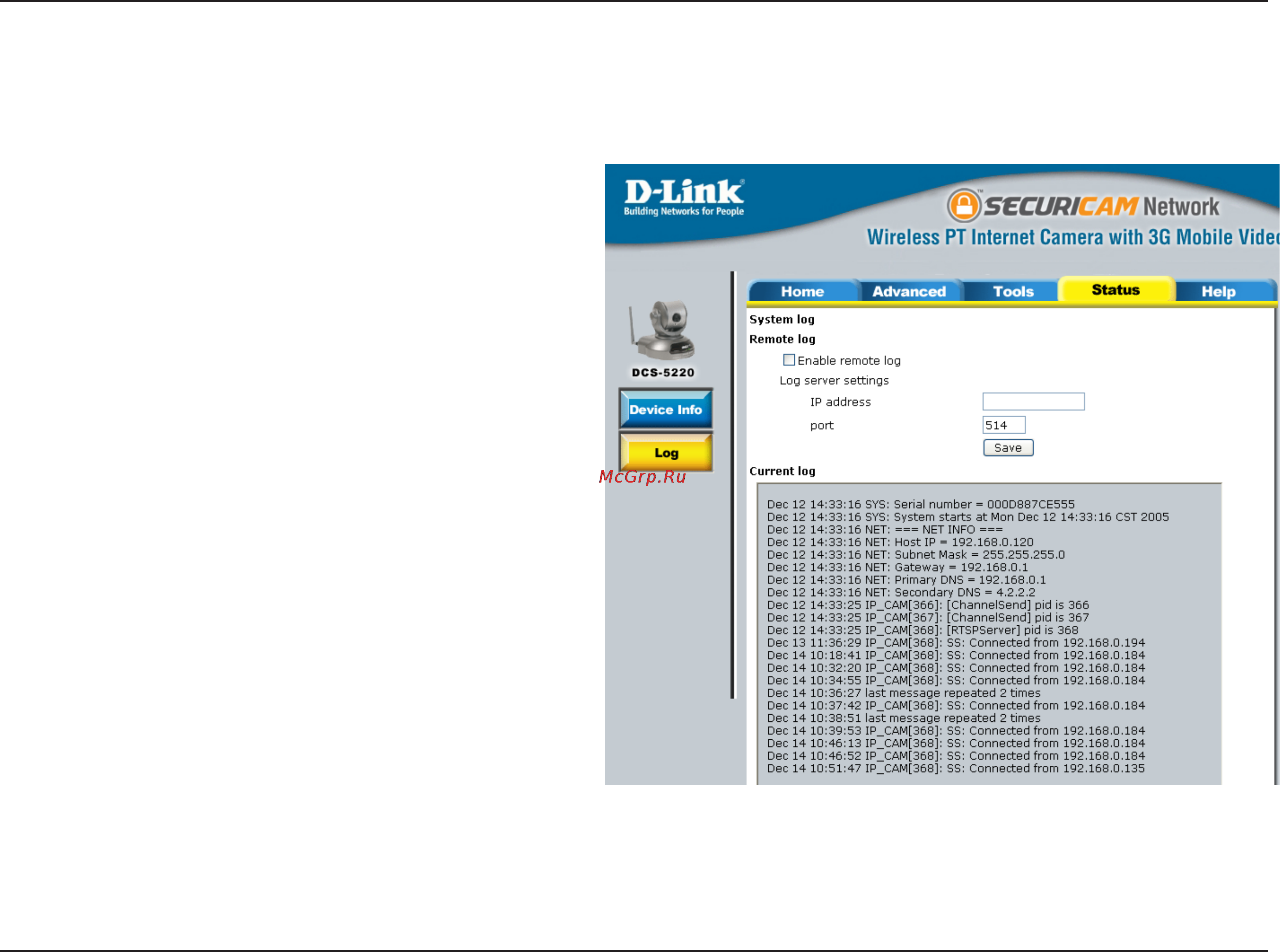 D-Link DCS-5220 [54/153] The content of the log file reveals useful information about the current configuration and connection logged after the dcs 5220 starts up