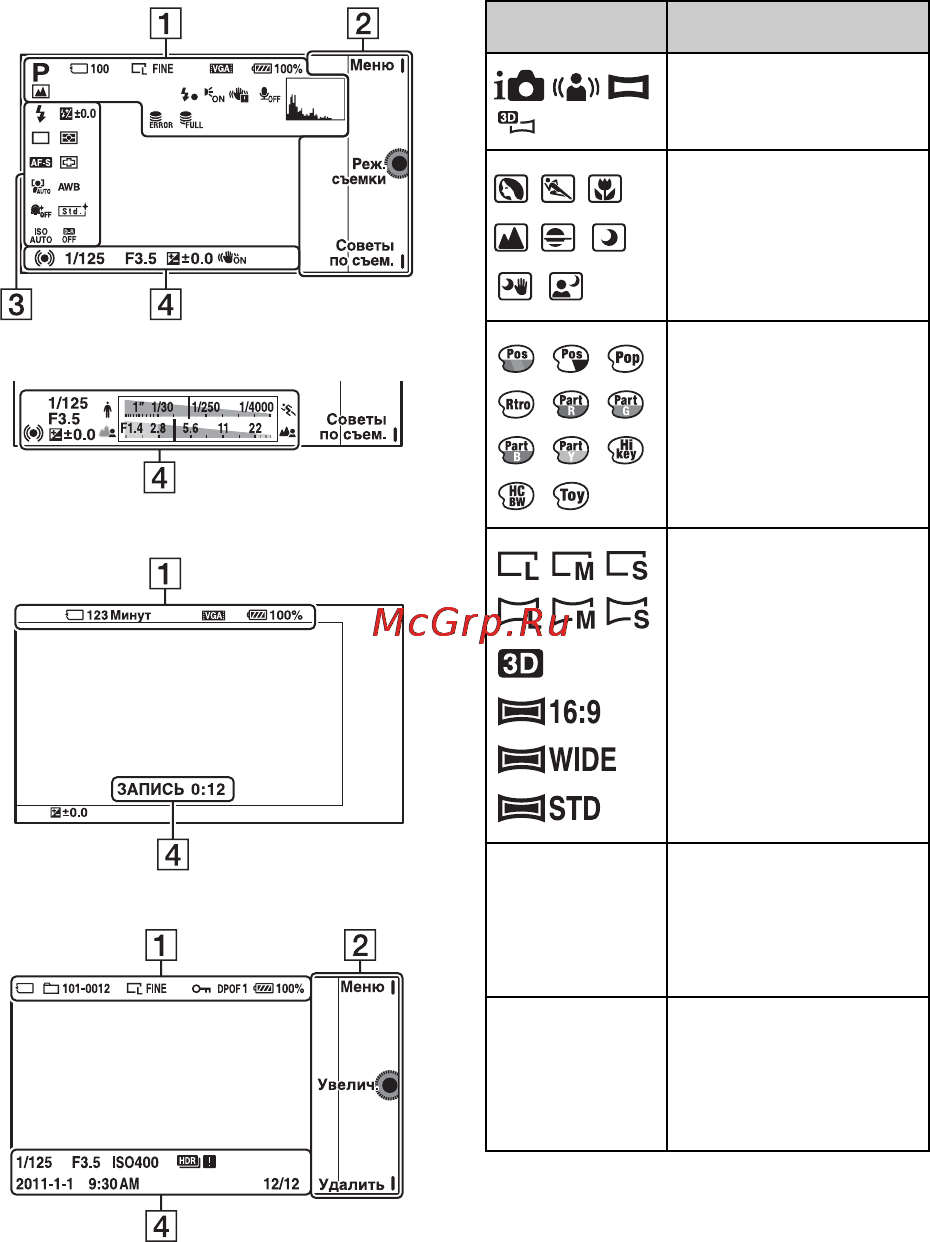 Sony NEX-C3A Black [70/177] Список значков появляющихся на жк мониторе