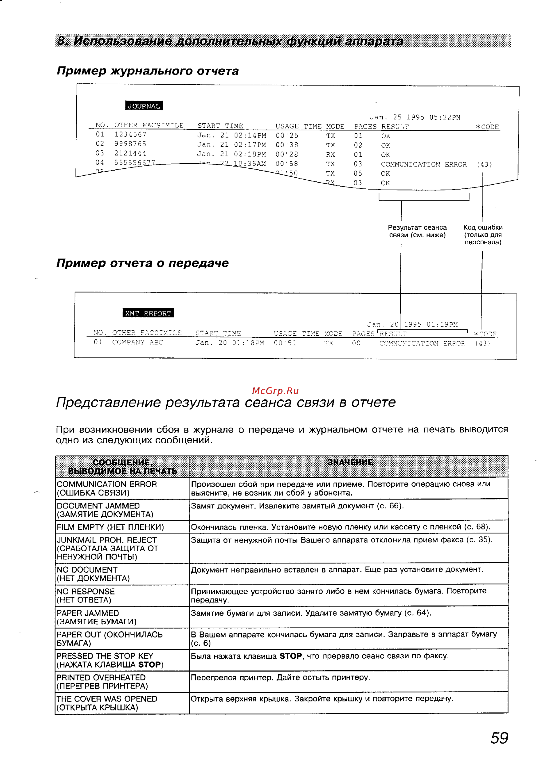 Panasonic KX-F1100BX [59/77] Представление результата сеанса связи в отчете