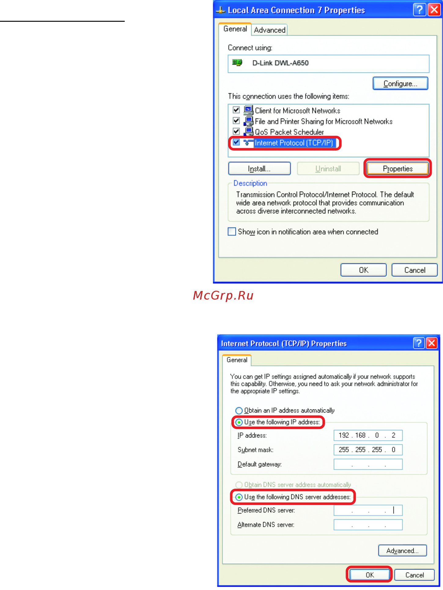 D-Link DI-624 [52/83] Networking basics assigning a static ip address in windows xp 2000