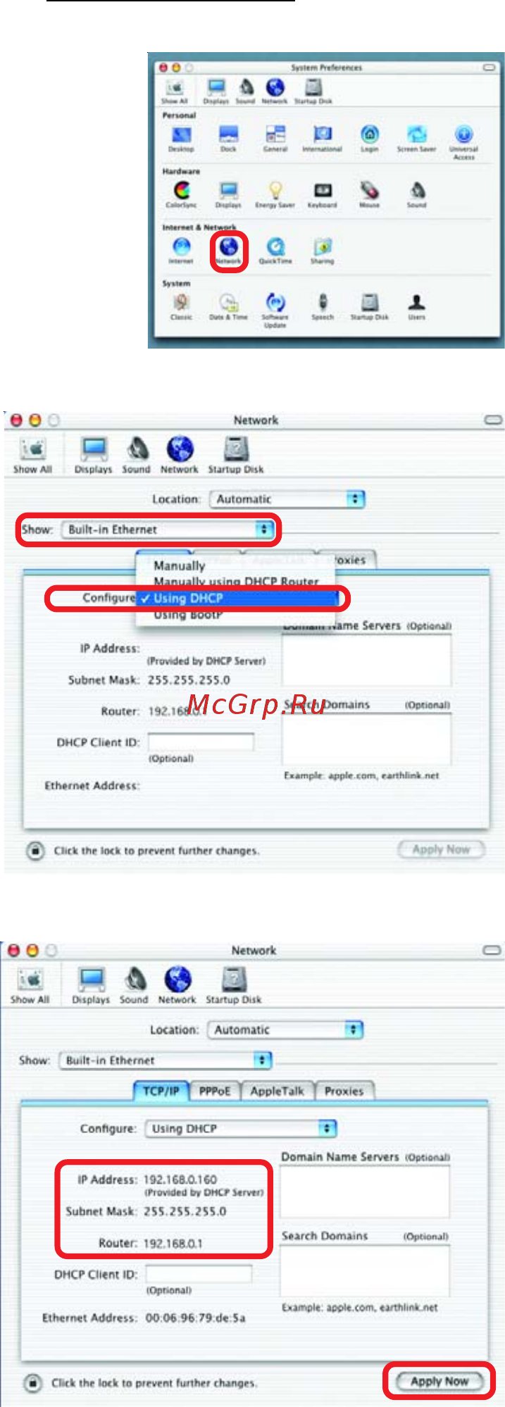 D-Link DI-624 [54/83] Networking basics selecting a dynamic ip address with macintosh osx