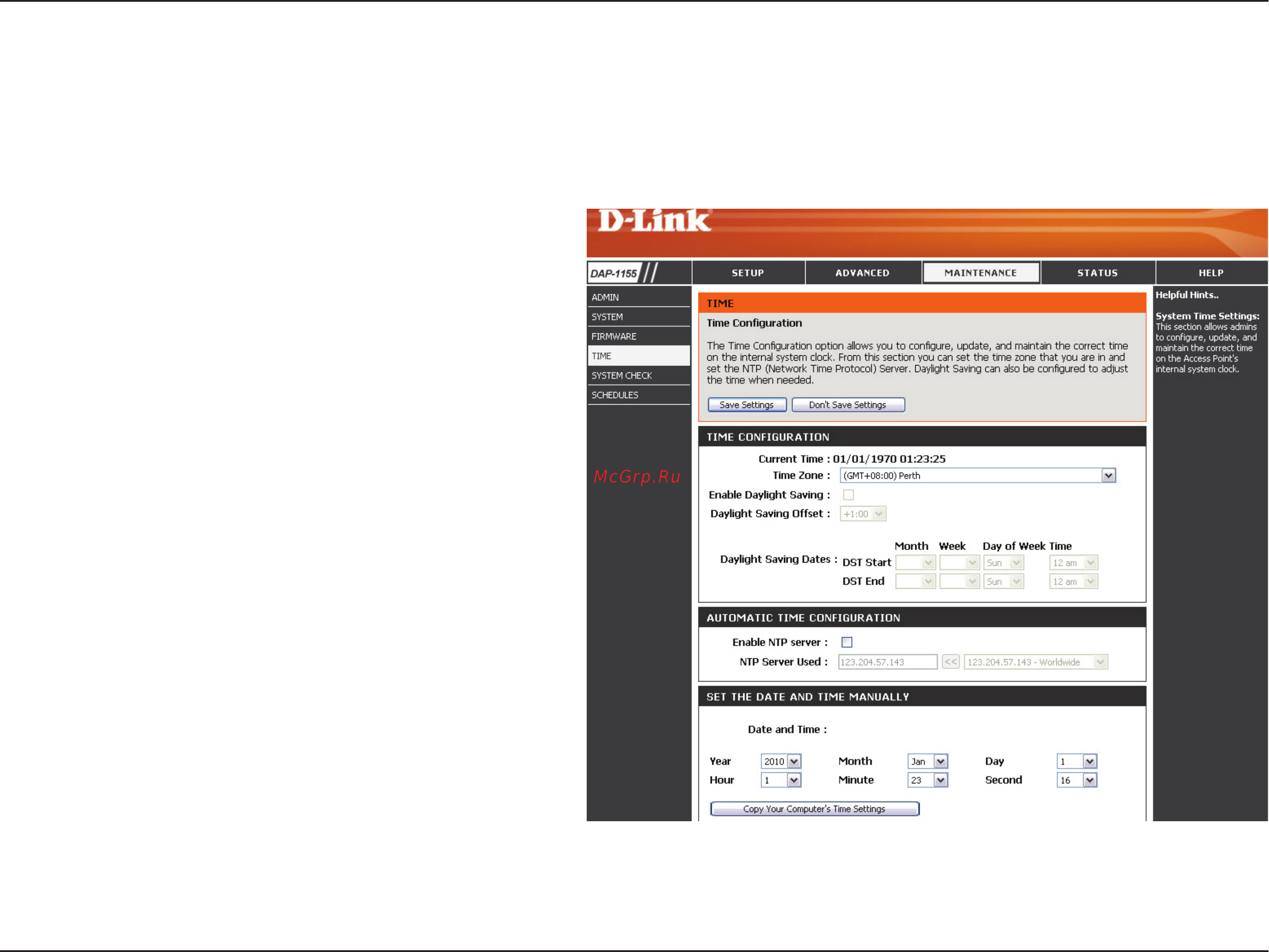 D-Link DAP-1155 [32/80] The time configuration option allows you to configure update and maintain the correct time on the internal system clock from this section you can set the time zone that you are in daylight saving can also be configured to automatically adjust the time when needed