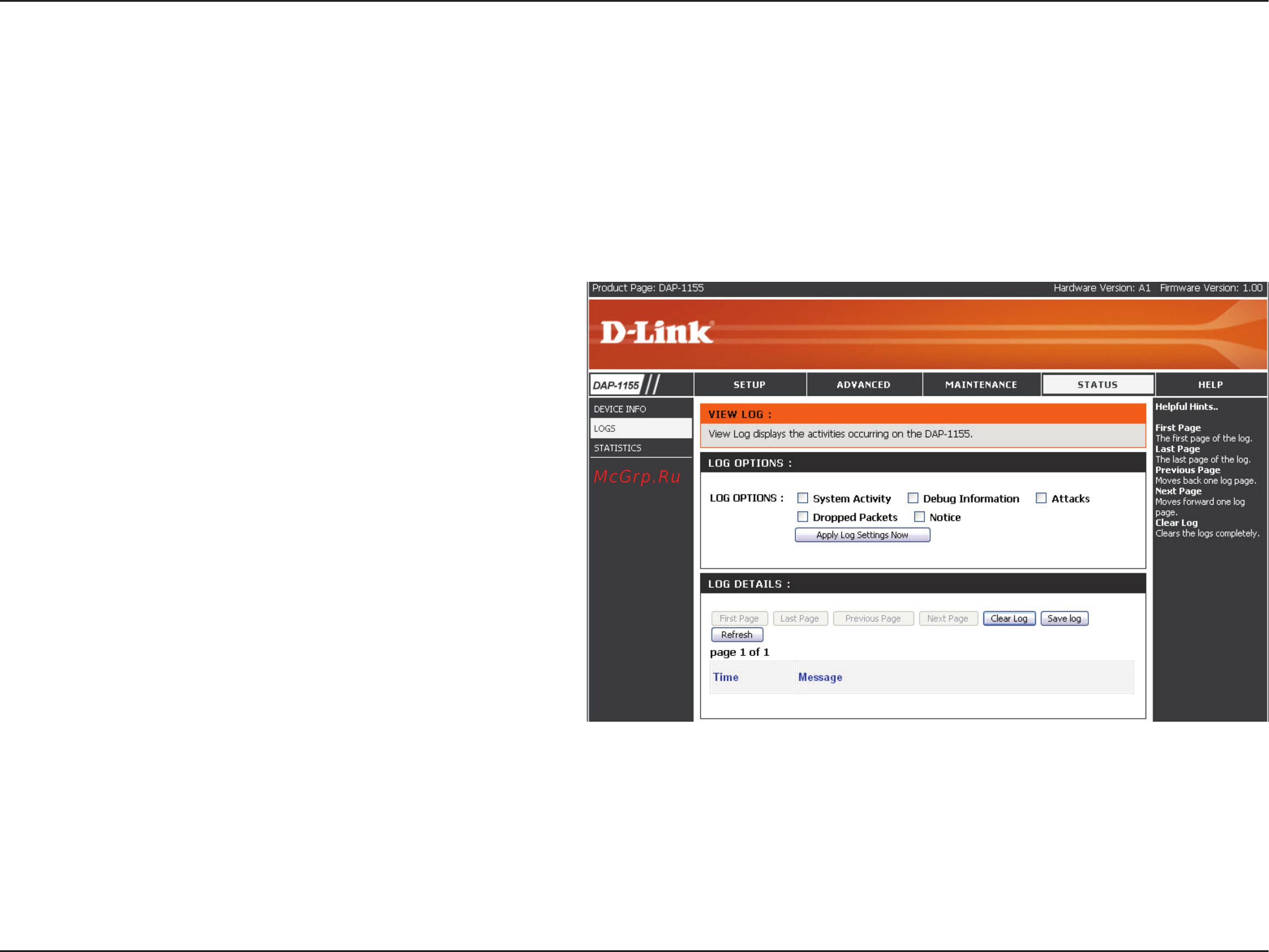 D-Link DAP-1155 [49/80] The access point automatically logs records events of possible interest in its internal memory if there isn t enough internal memory for all events logs of older events are deleted but logs of the latest events are retained the logs option allows you to view the access point logs you can define what types of events you want to view and the level of the events to view this access point also has external syslog server support so you can send the log files to a computer on your network that is running a syslog utility