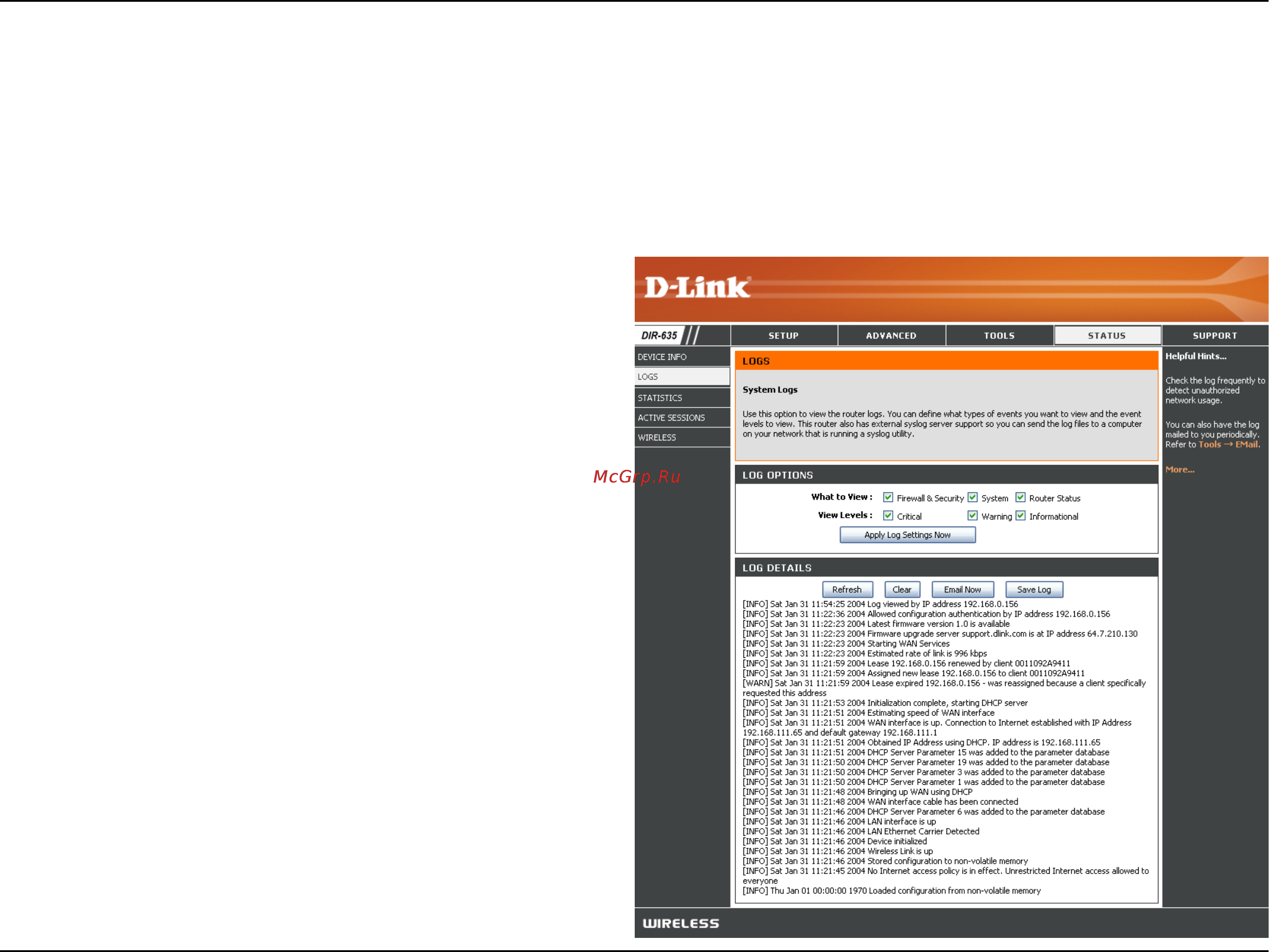 D-Link DIR-635 [55/86] The router automatically logs records events of possible interest in it s internal memory if there isn t enough internal memory for all events logs of older events are deleted but logs of the latest events are retained the logs option allows you to view the router logs you can define what types of events you want to view and the level of the events to view this router also has external syslog server support so you can send the log files to a computer on your network that is running a syslog utility