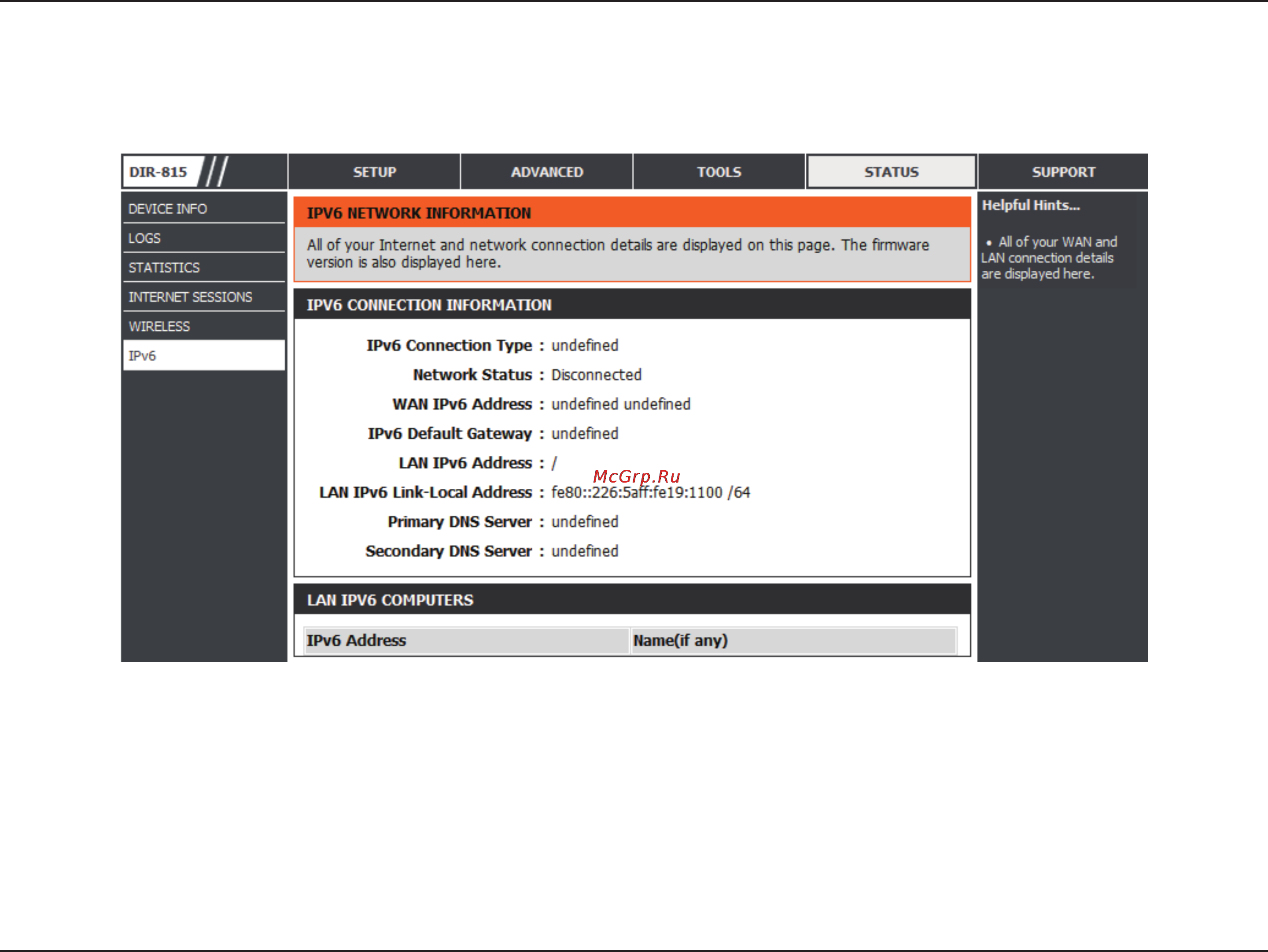 D-Link DIR-815 [89/123] The ipv6 page displays a summary of the router s ipv6 settings and lists the ipv6 address and host name of any ipv6 clients
