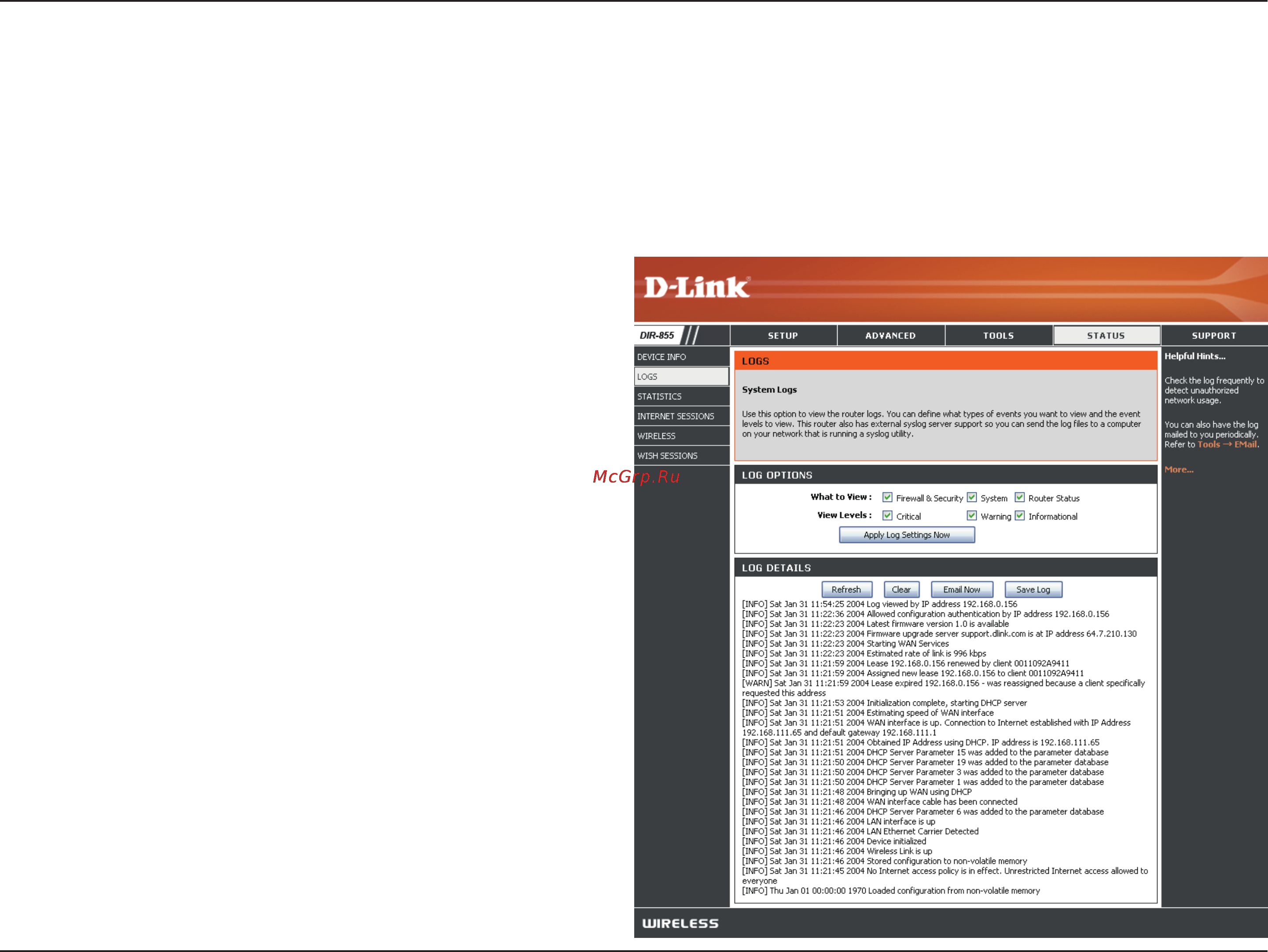 D-Link DIR-857 [67/99] The router automatically logs records events of possible interest in it s internal memory if there isn t enough internal memory for all events logs of older events are deleted but logs of the latest events are retained the logs option allows you to view the router logs you can define what types of events you want to view and the level of the events to view this router also has external syslog server support so you can send the log files to a computer on your network that is running a syslog utility