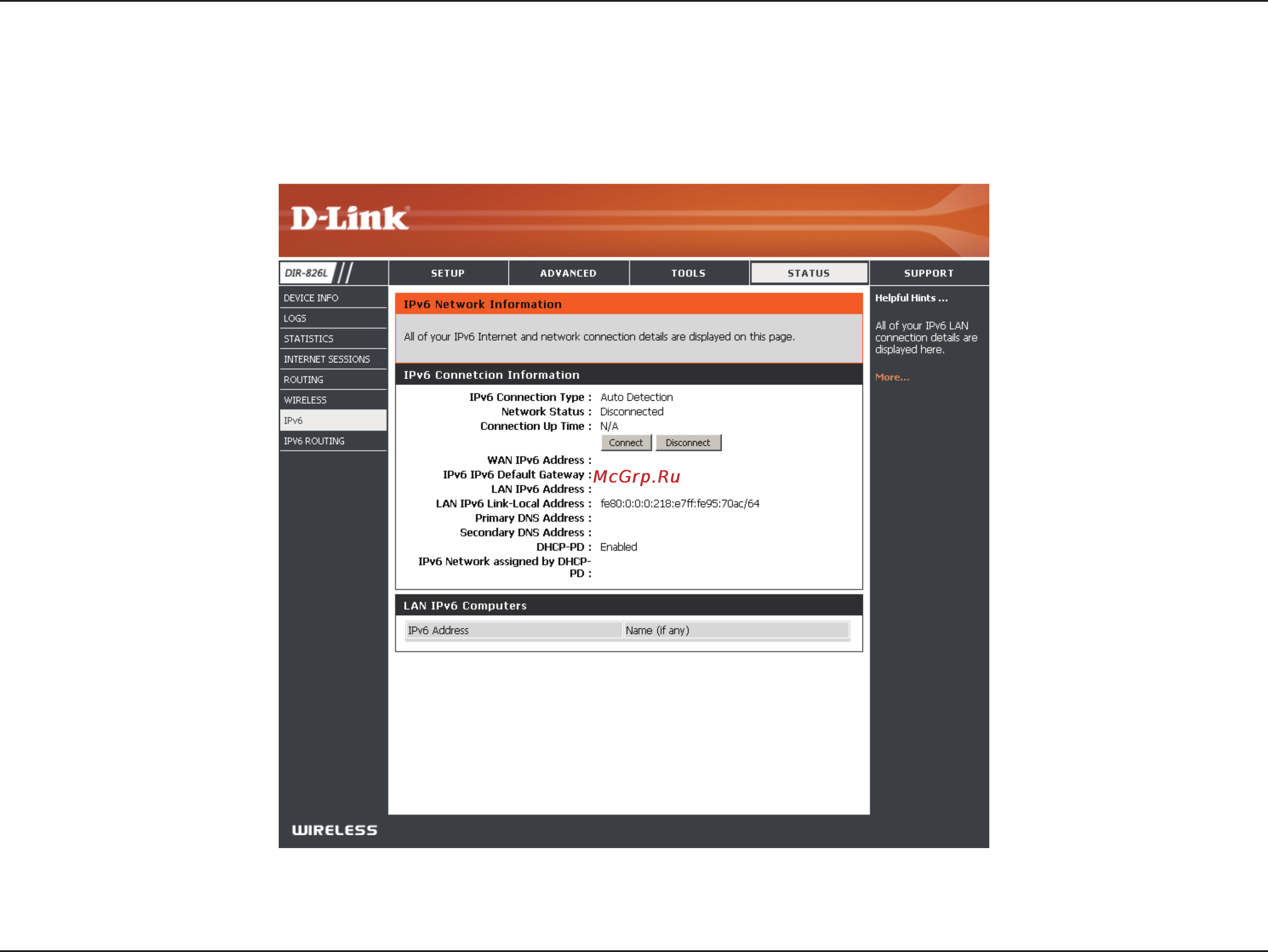 D-Link DIR-826L [110/142] The ipv6 page displays a summary of the router s ipv6 settings and lists the ipv6 address and host name of any ipv6 clients