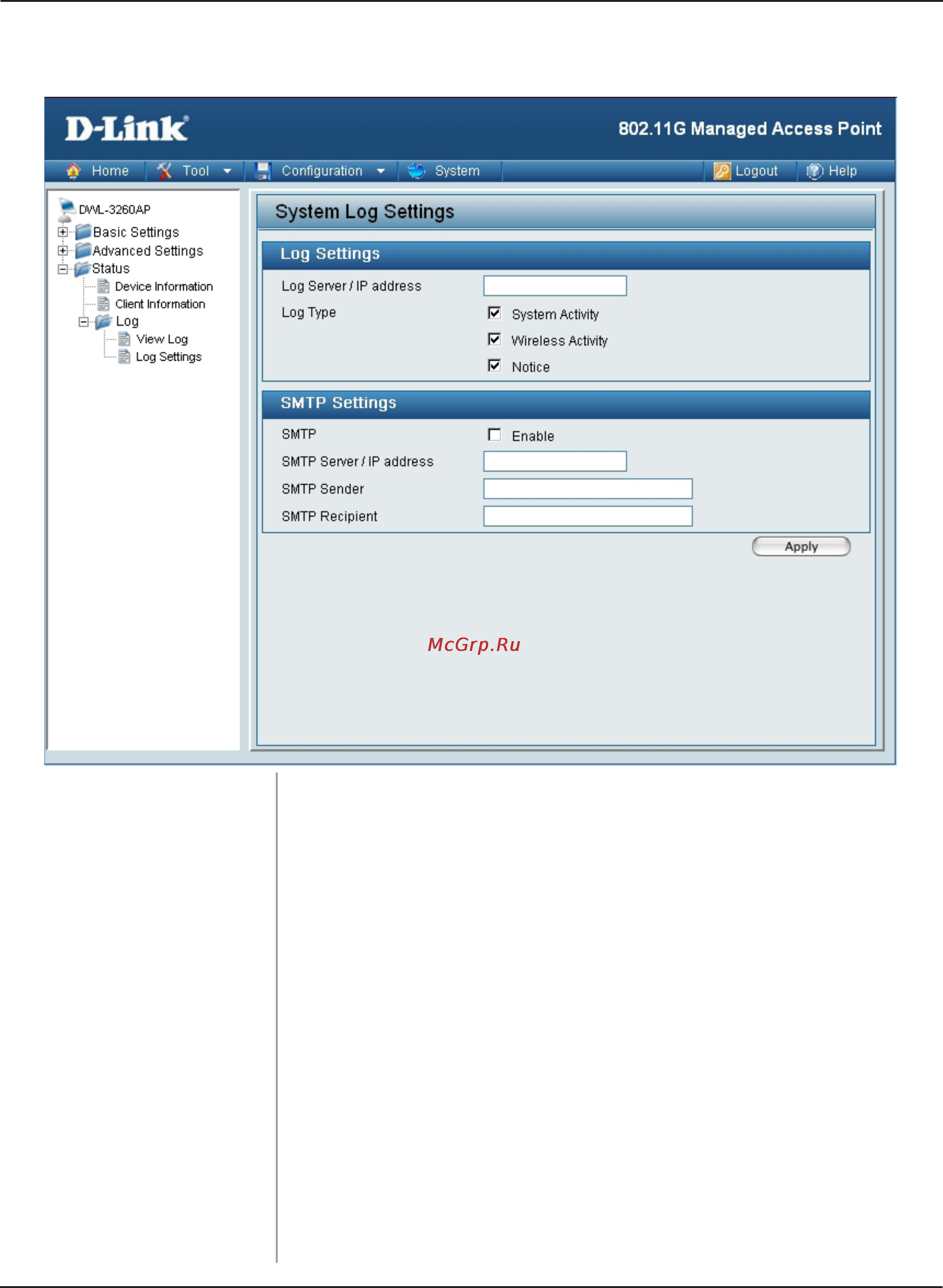 D-Link DWL-3260AP [45/109] Log settings