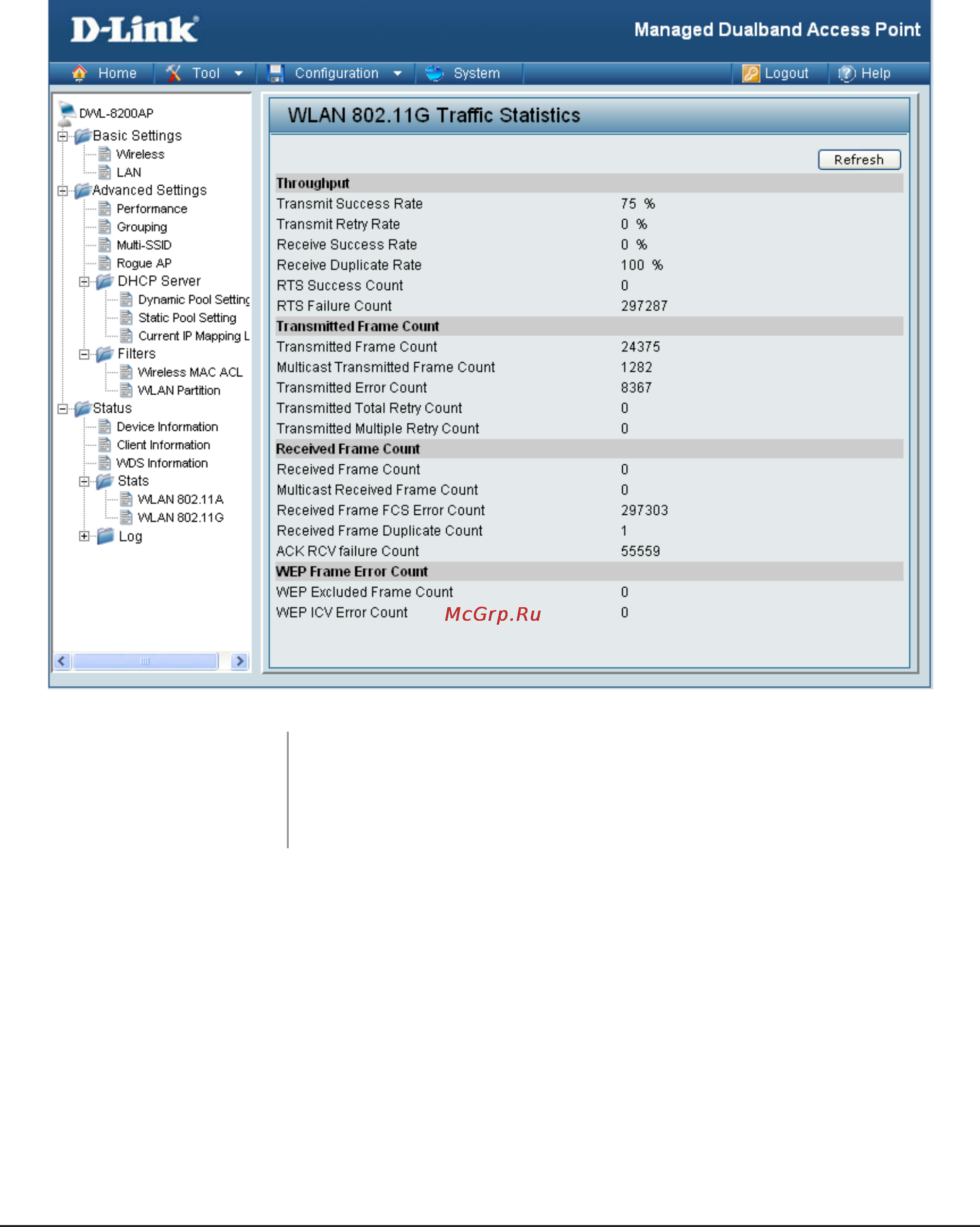 D-Link DWL-8600AP [52/95] Home status stats wlan 802 1g statistics