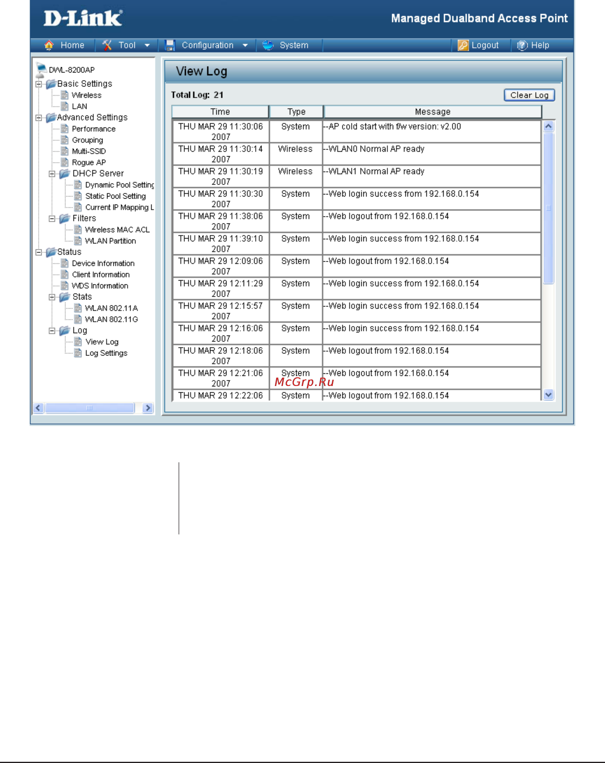 D-Link DWL-8600AP [53/95] Home status log view log