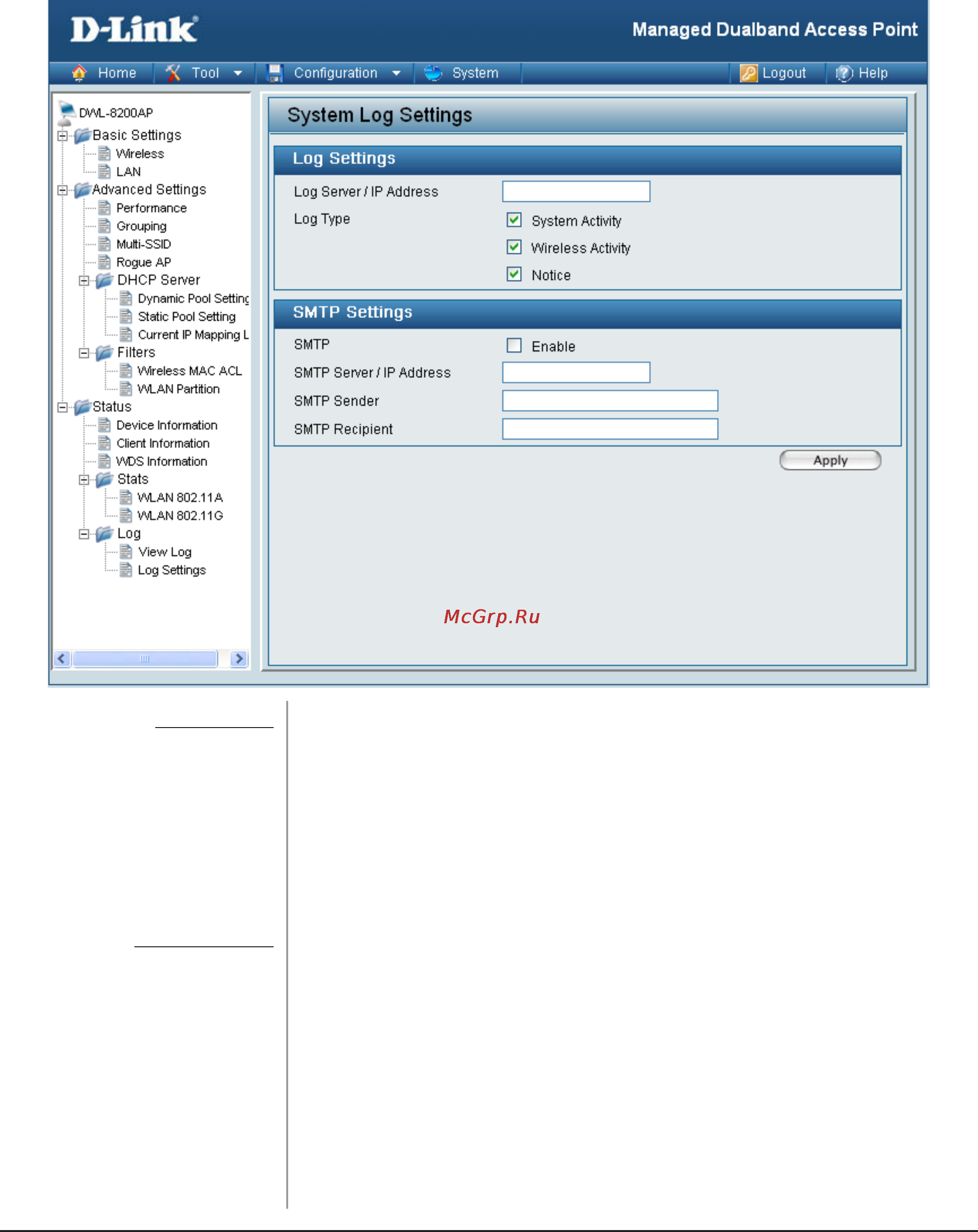 D-Link DWL-8600AP [54/95] Home status log log settings