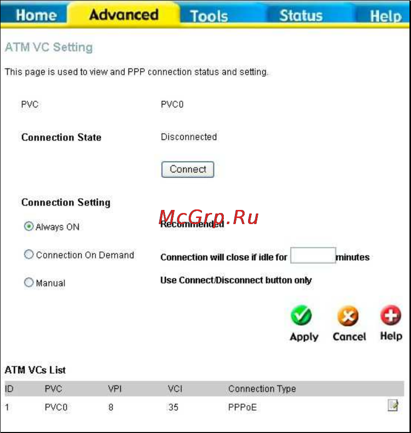 D-Link DVA-G3340S [54/78] When the wan connection is configured for either pppoa or pppoe you can configure the router s ppp session to remain on all the time or to disconnect after some period of no activity you may also choose to instruct the router to connect each time you want to access the wan or the internet