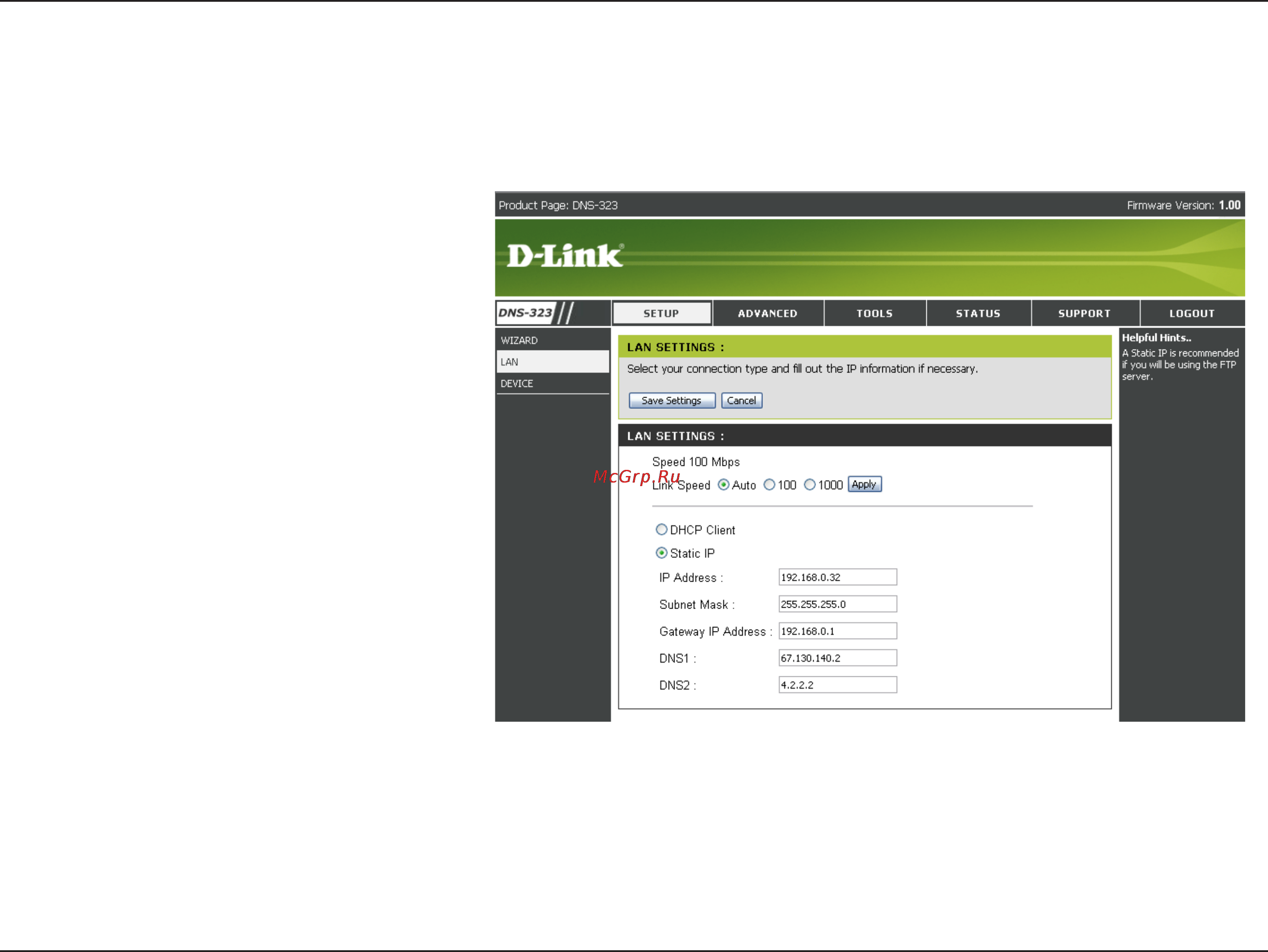 D-Link DNS-323 [22/70] The local area network settings for the dns 323 are configured on the lan page