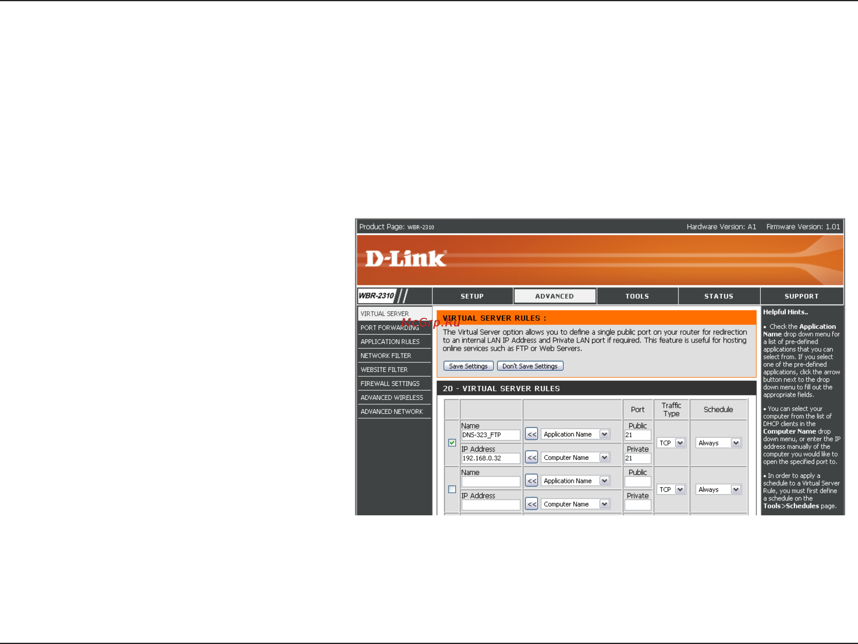 D-Link DNS-323 [32/70] If you are behind a router you will need to forward the ftp port from the router to the dns 323 additional filtering and firewall settings may need to be modified on your router to allow ftp access to the dns 323 from the internet once the port has been forwarded on the router users from the internet will access the ftp server through the wan ip address of the router