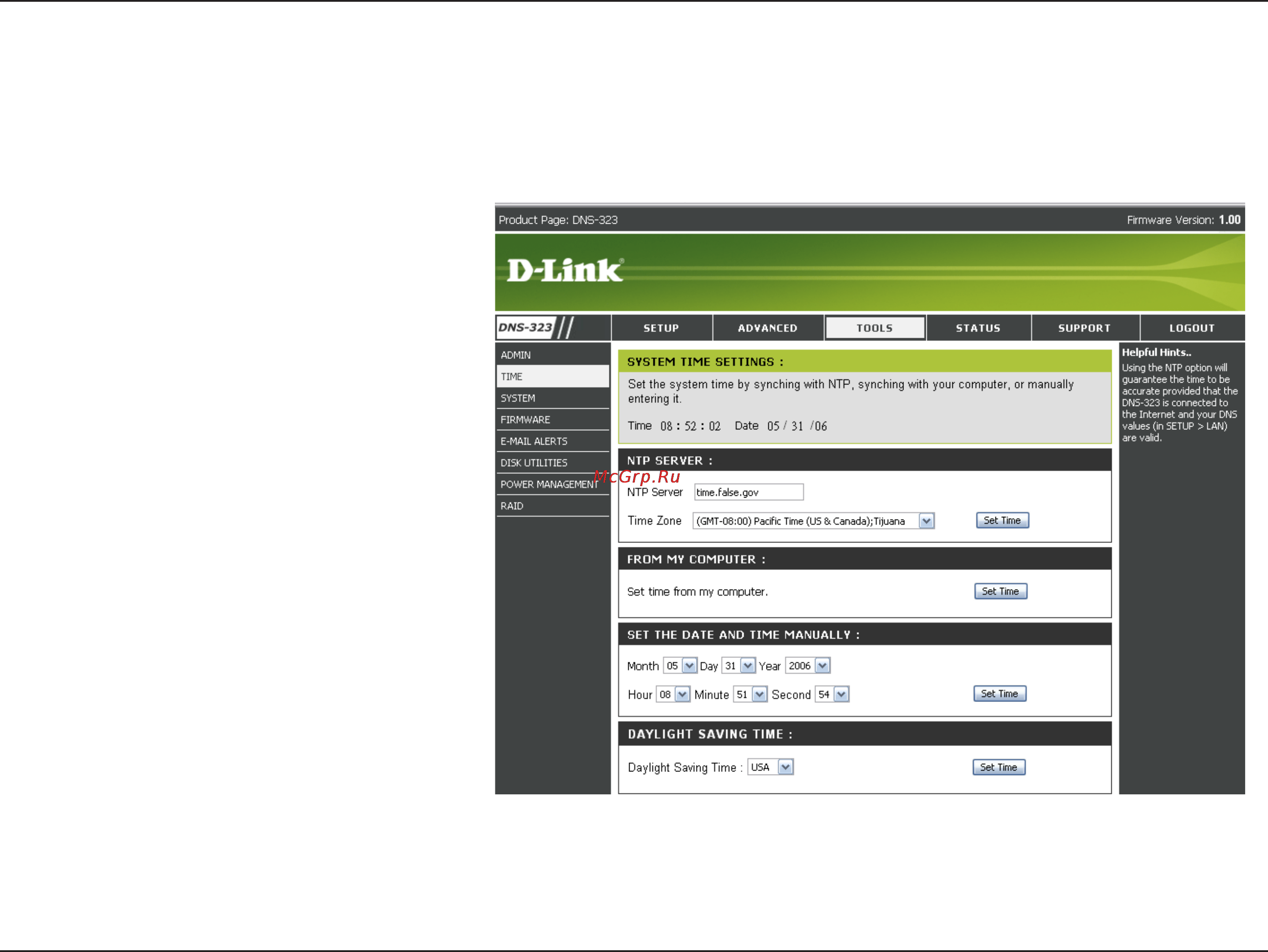 D-Link DNS-323 [38/70] The dns 323 time menu contains several different options for setting the device s internal clock it is important that accurate time is set so that scheduled backups and downloads will be accurate