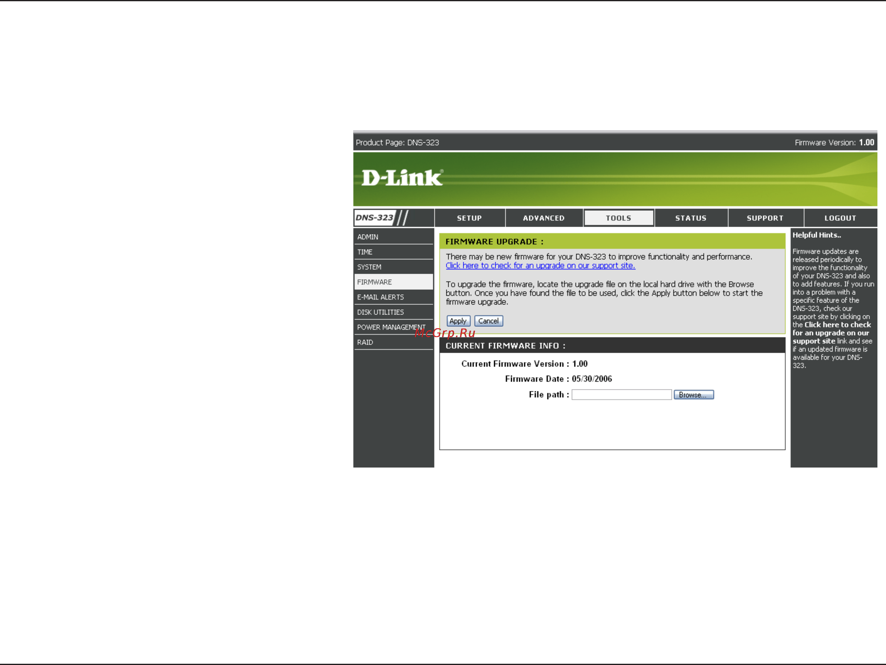 D-Link DNS-323 [40/70] The dns 323 firmware menu makes it simple to check for new firmware releases and upload them to the device
