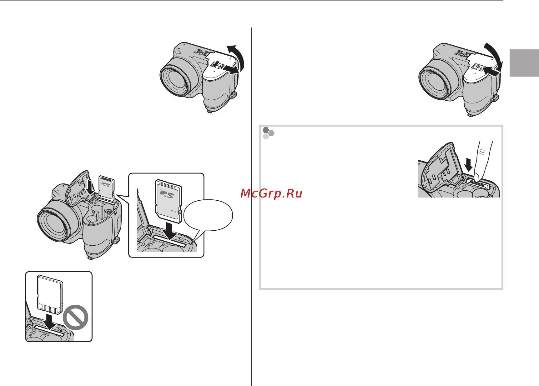 Fujifilm FINEPIX S2980 [25/140] Вставьте карту памяти возьмите карту памяти как показано ниже вставьте ее в слот полностью до щелчка