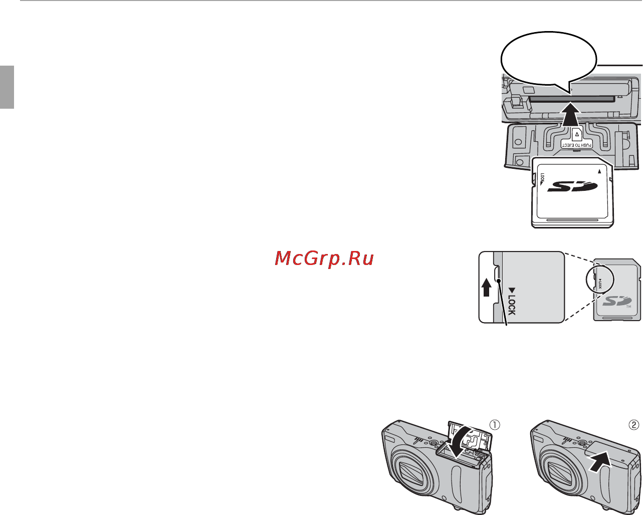 Fujifilm FINEPIX F660 Black [22/144] Вставьте карту памяти возьмите карту памяти как показано справа вставьте ее в отверстие полностью до щелчка