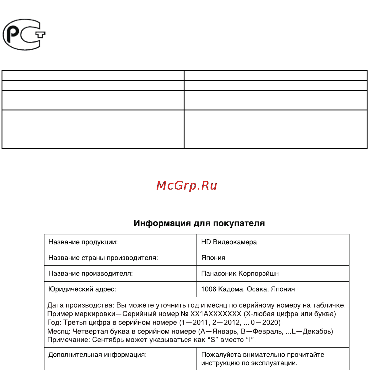 Panasonic HC-V720 MEE-K [26/28] Установленный производителем в порядке п 2 ст 5 федерального закона рф о защите прав потребителей срок службы данного изделия равен 7 годам с даты производства при условии что изделие используется в строгом соответствии с настоящей инструкцией по эксплуатации и применимыми техническими стандартами