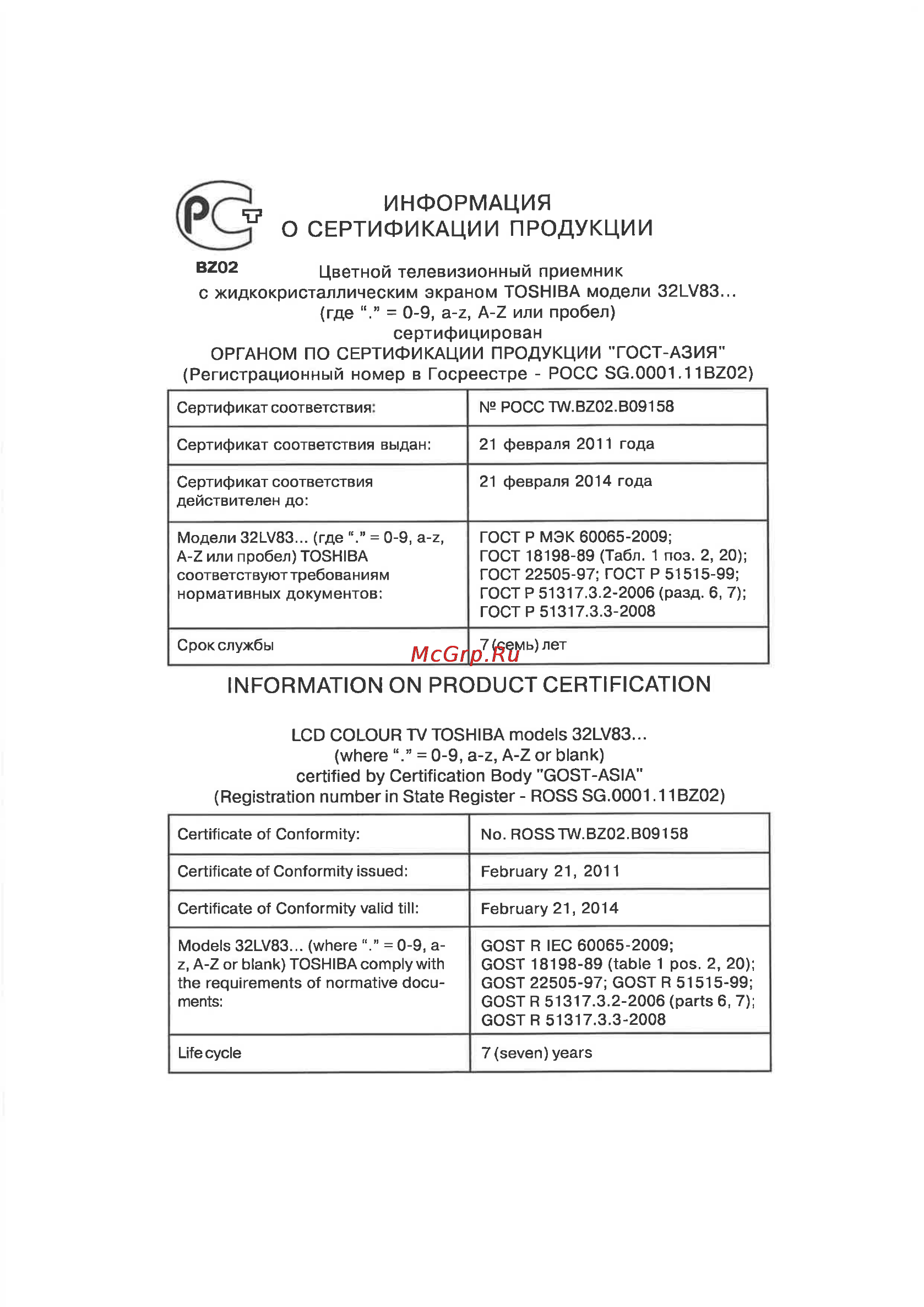 Toshiba 32AV833RB Инструкция по эксплуатации онлайн [62/67] 44053