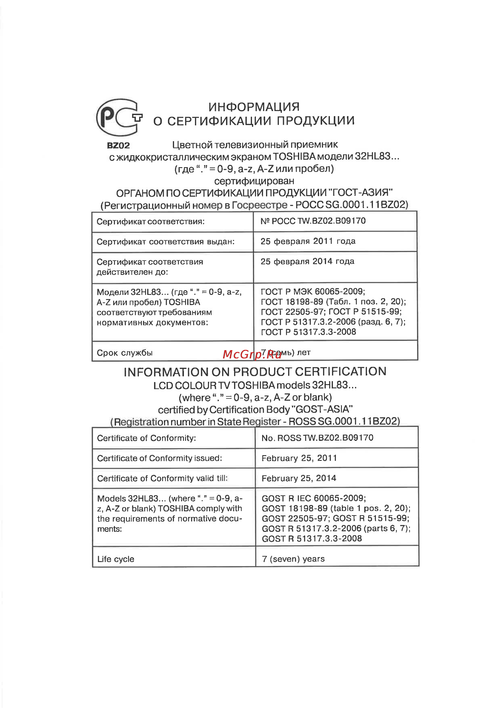 Toshiba 32AV833RB Инструкция по эксплуатации онлайн [66/67] 44053