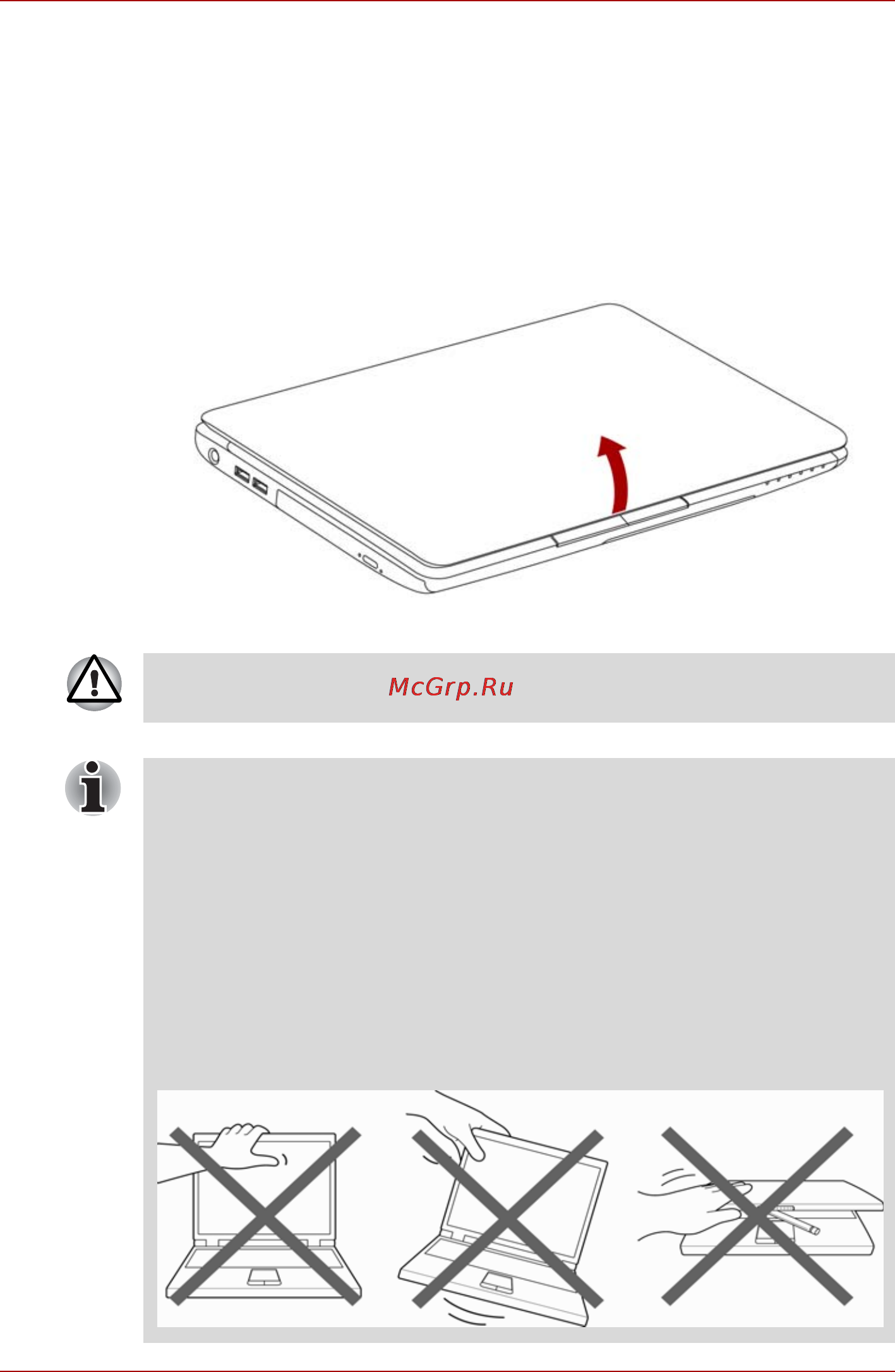 Toshiba L635-130 [30/234] Открывание дисплея