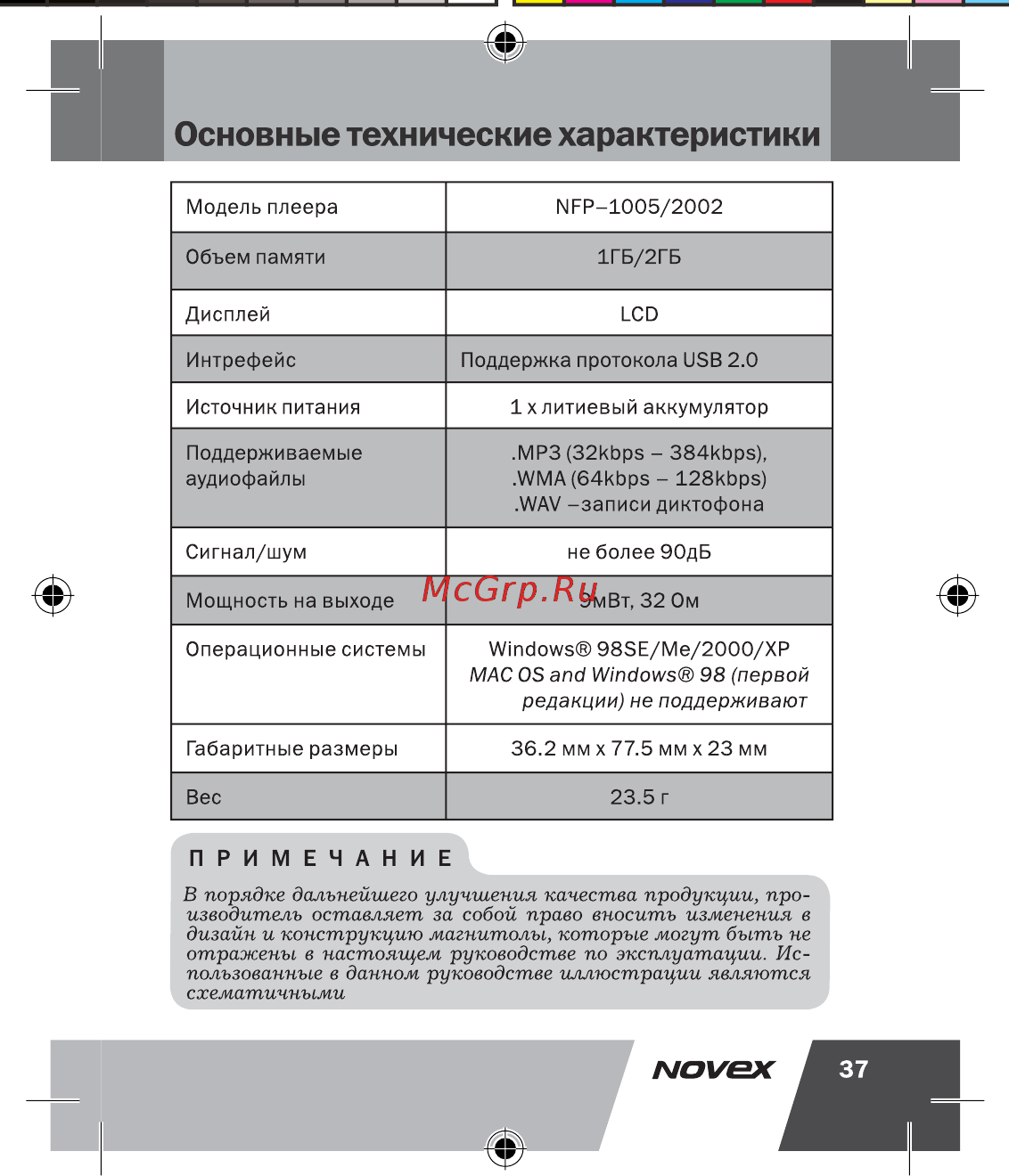 Novex NFP-2002 (2Gb) [38/41] Основные технические характеристики