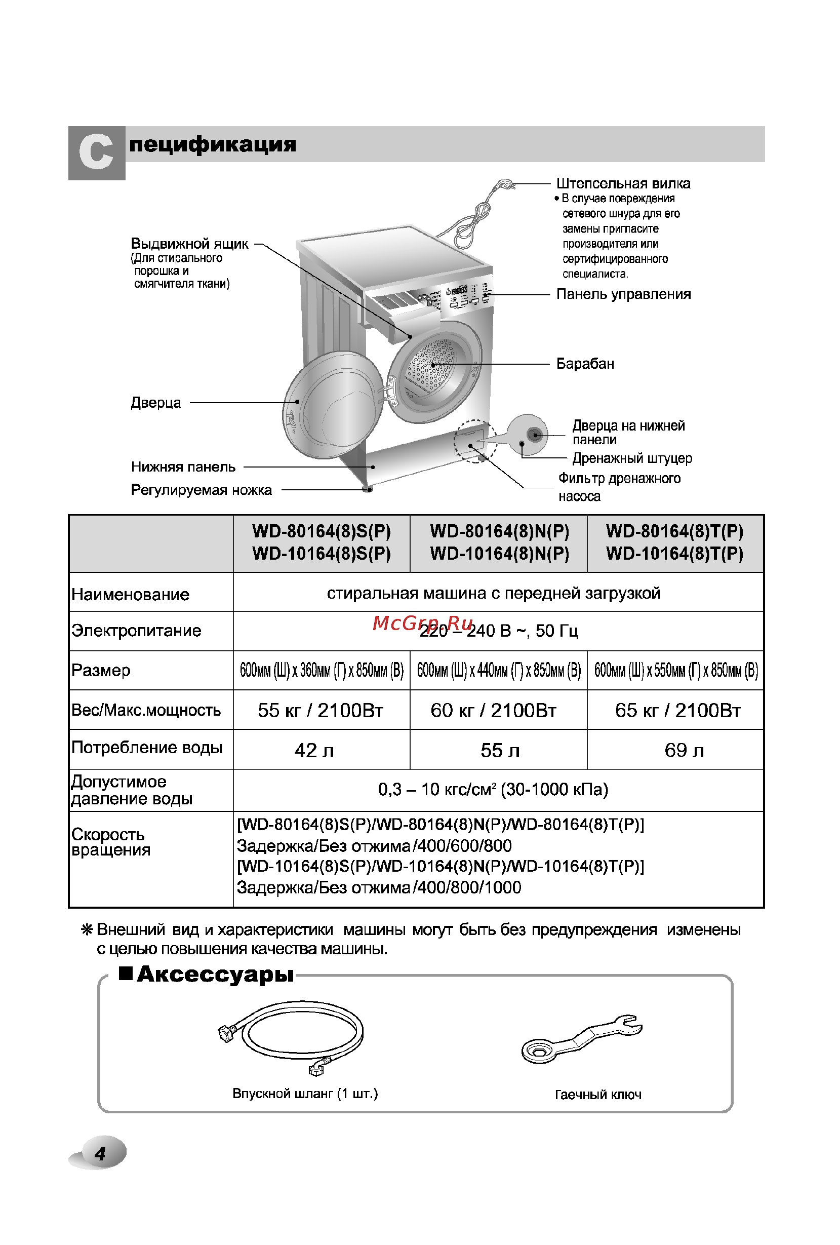 LG WD-80164SP [4/28] Пецификация